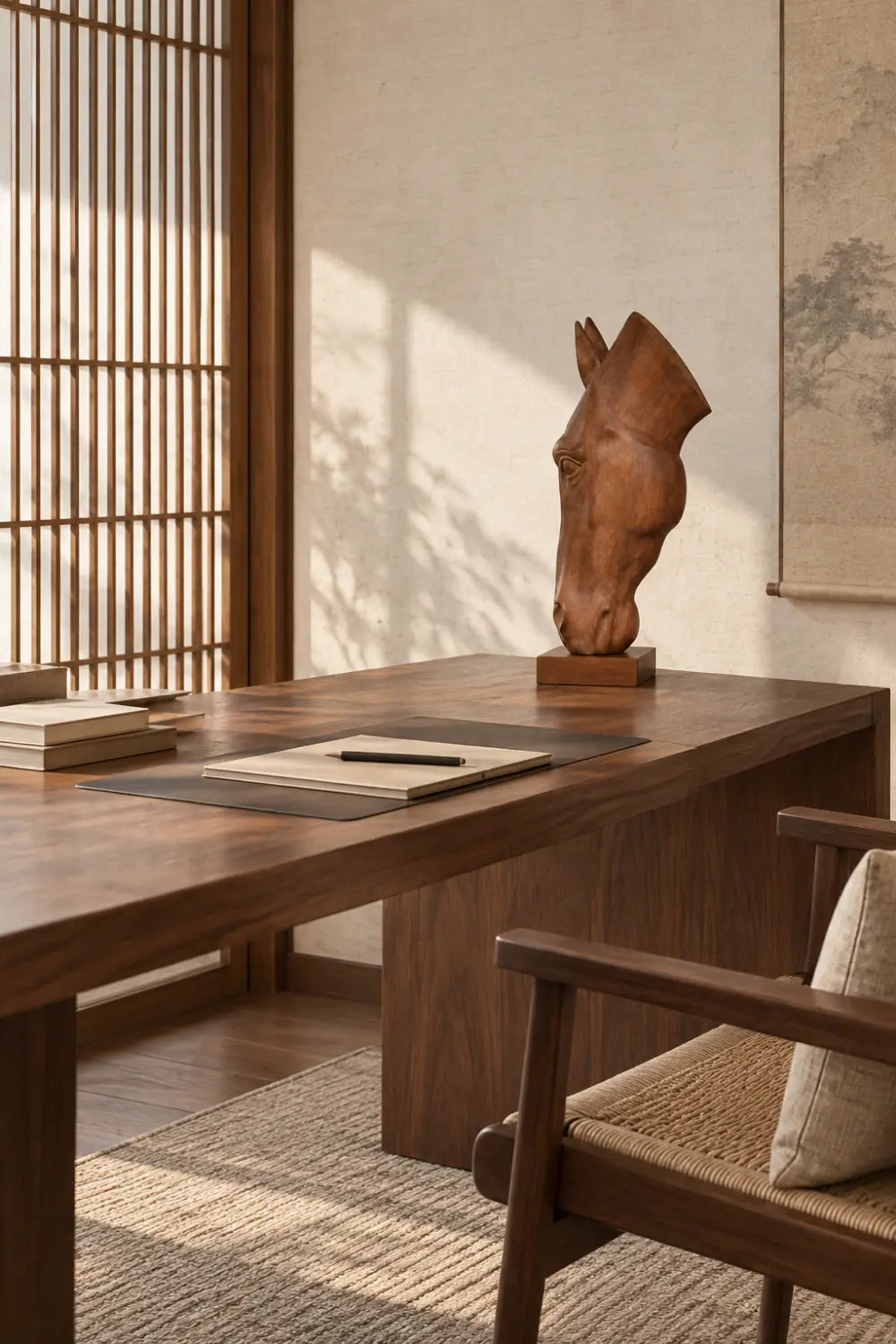 Vertical Wooden Horse Head Sculpture | Modern Equestrian Pedestal Accent Decor