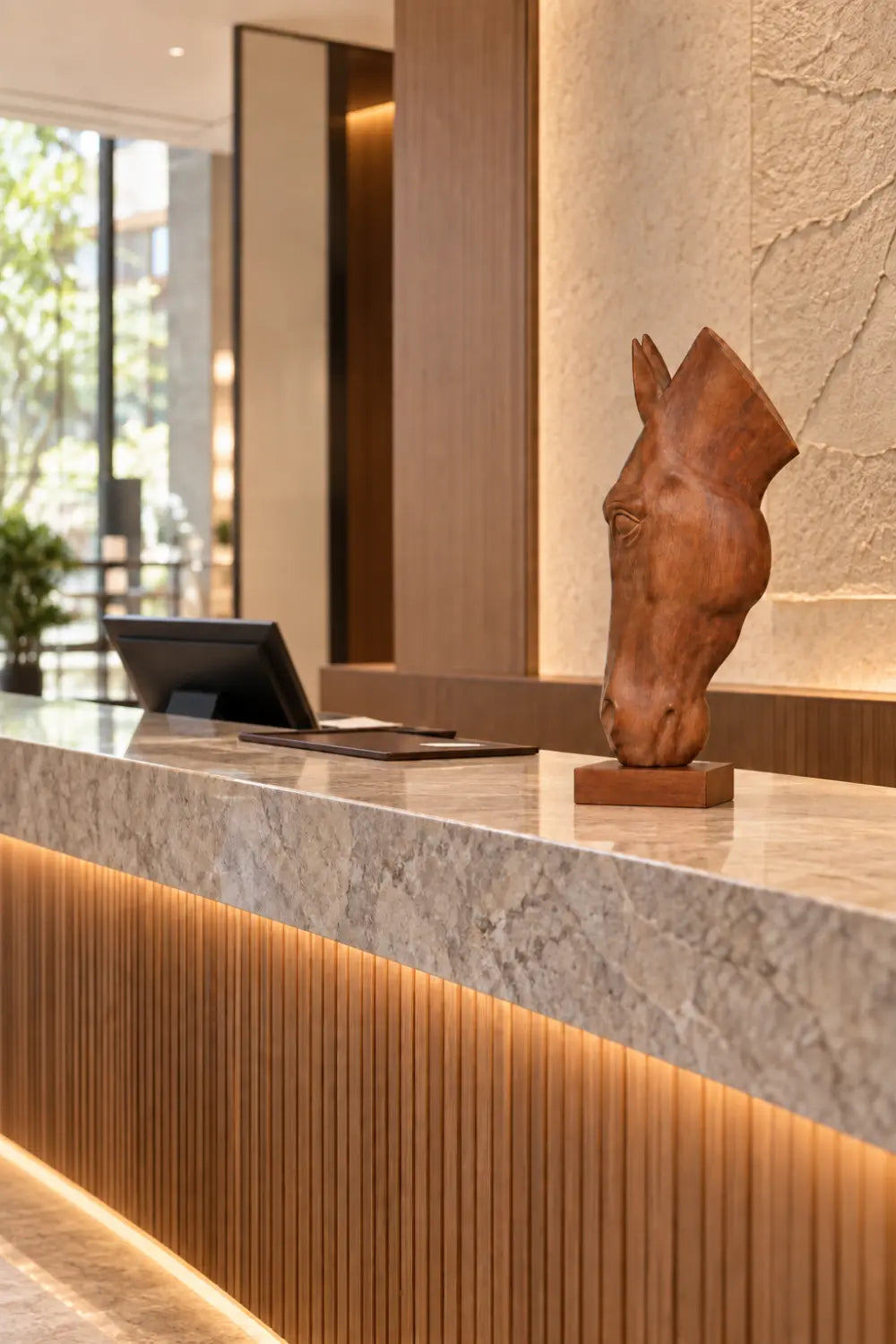 Vertical Wooden Horse Head Sculpture | Modern Equestrian Pedestal Accent Decor