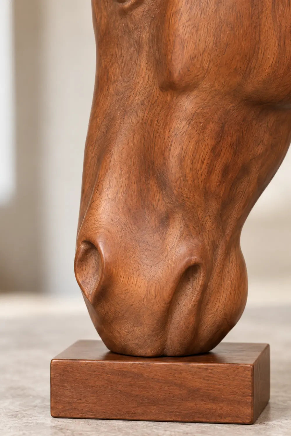 Vertical Wooden Horse Head Sculpture | Modern Equestrian Pedestal Accent Decor