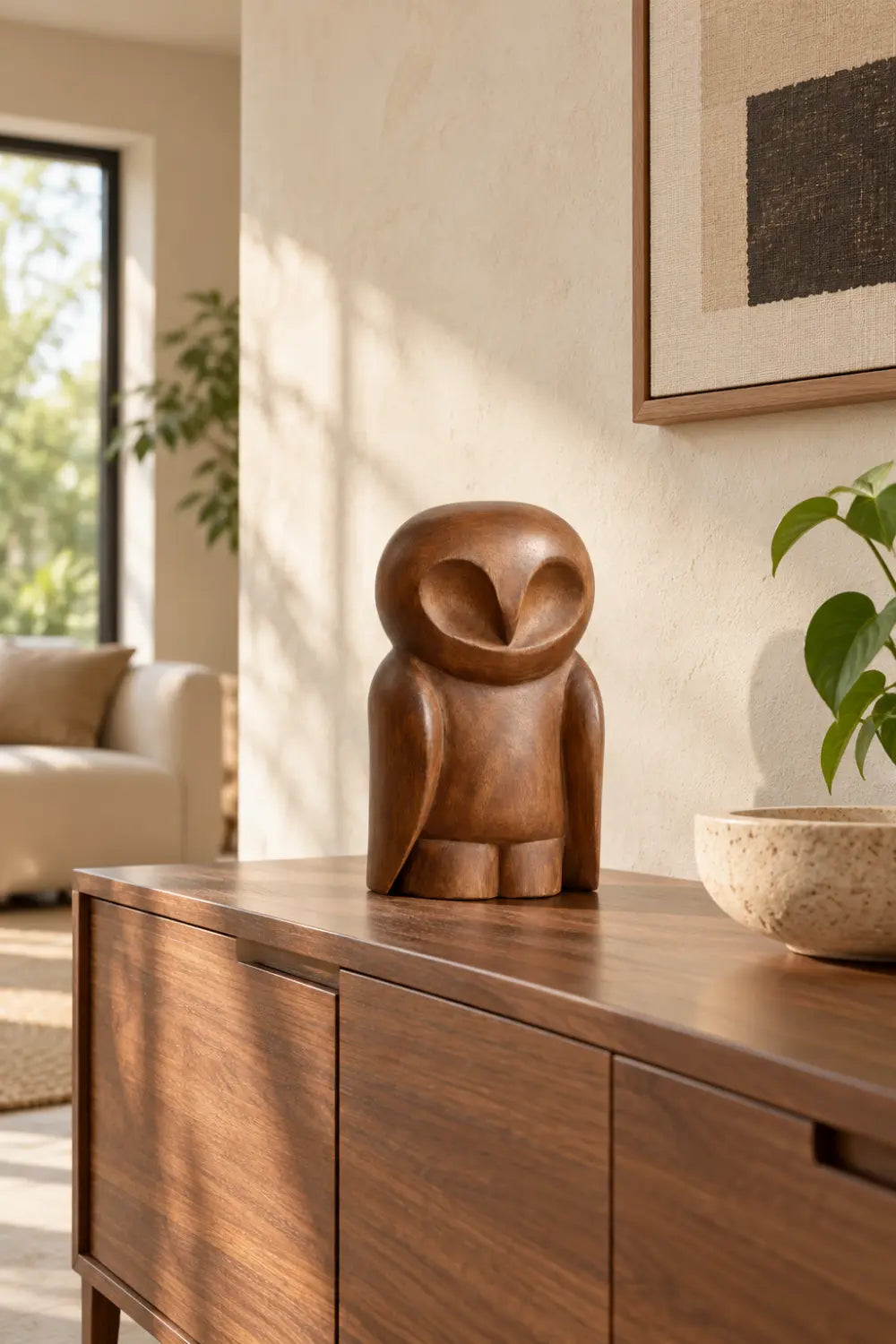 Nordic Wooden Owl Statue Sculpture | Handcrafted Smooth Bird Figurine Shelf Decor