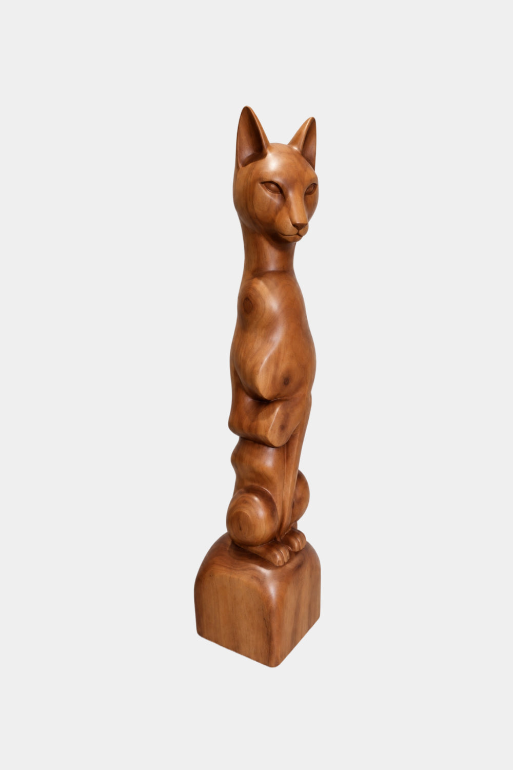 Tall Slender Wooden Cat Statue | Sleek Elongated Feline Pedestal Home Decor