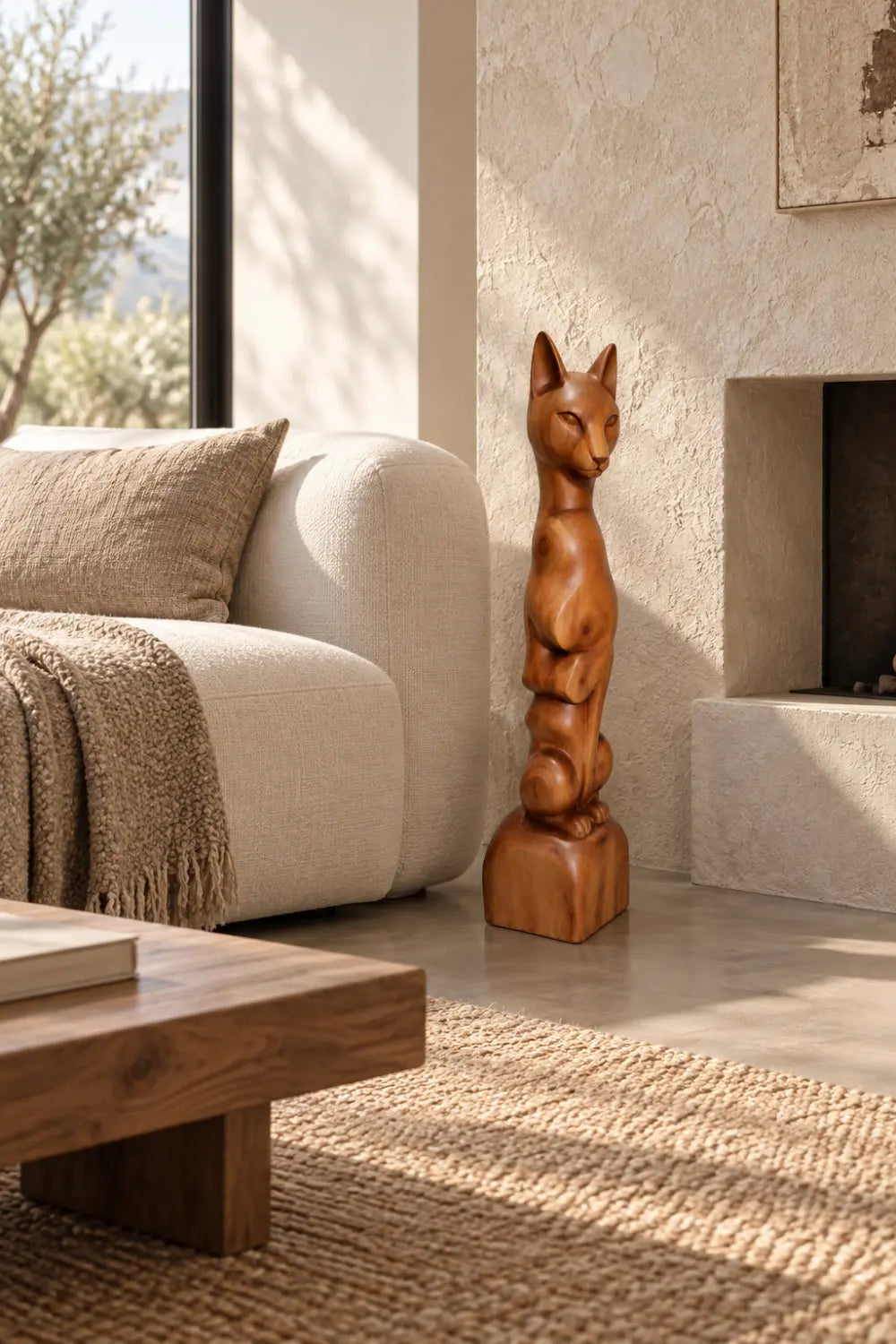 Tall Slender Wooden Cat Statue | Sleek Elongated Feline Pedestal Home Decor
