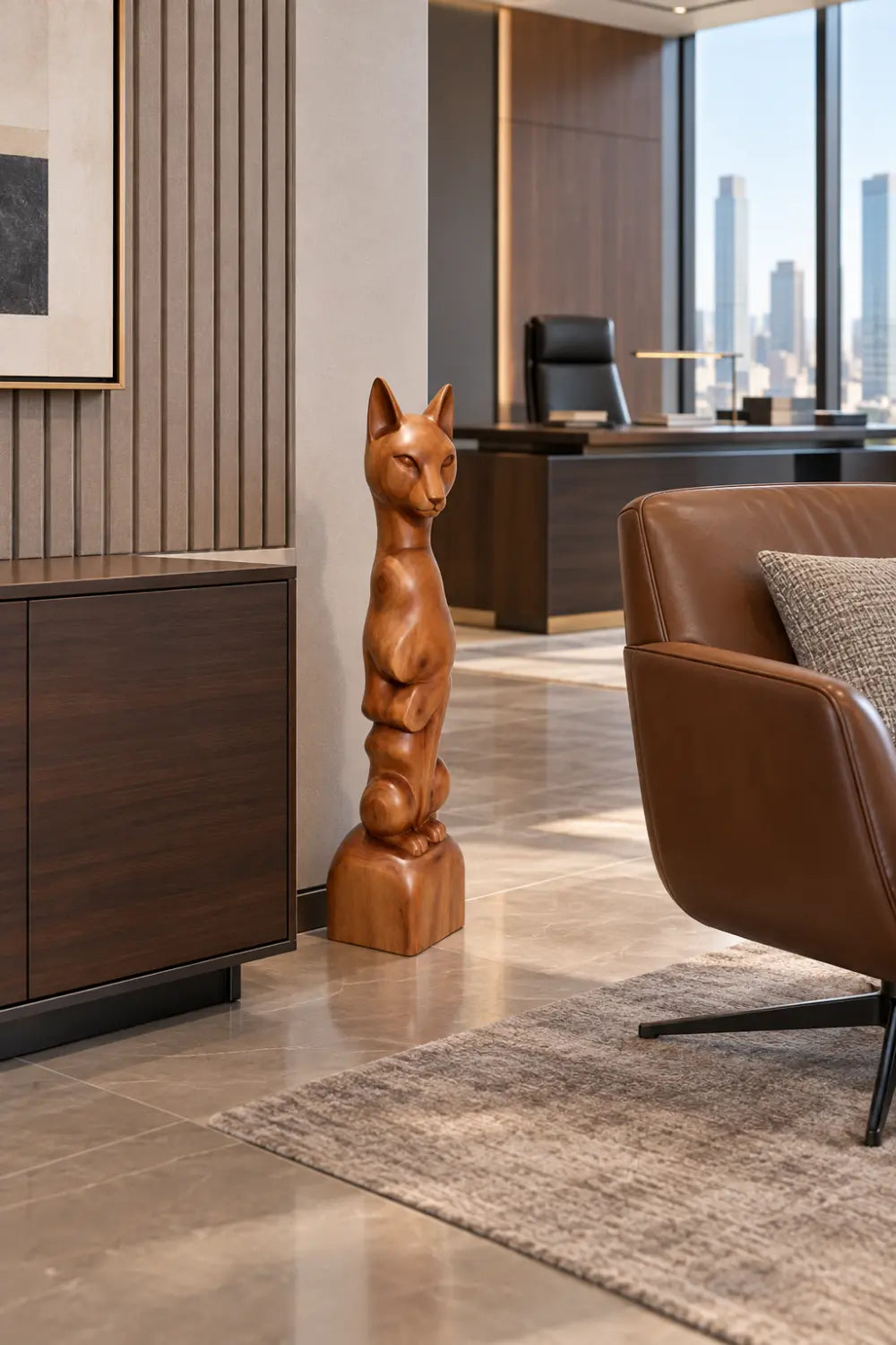 Tall Slender Wooden Cat Statue | Sleek Elongated Feline Pedestal Home Decor