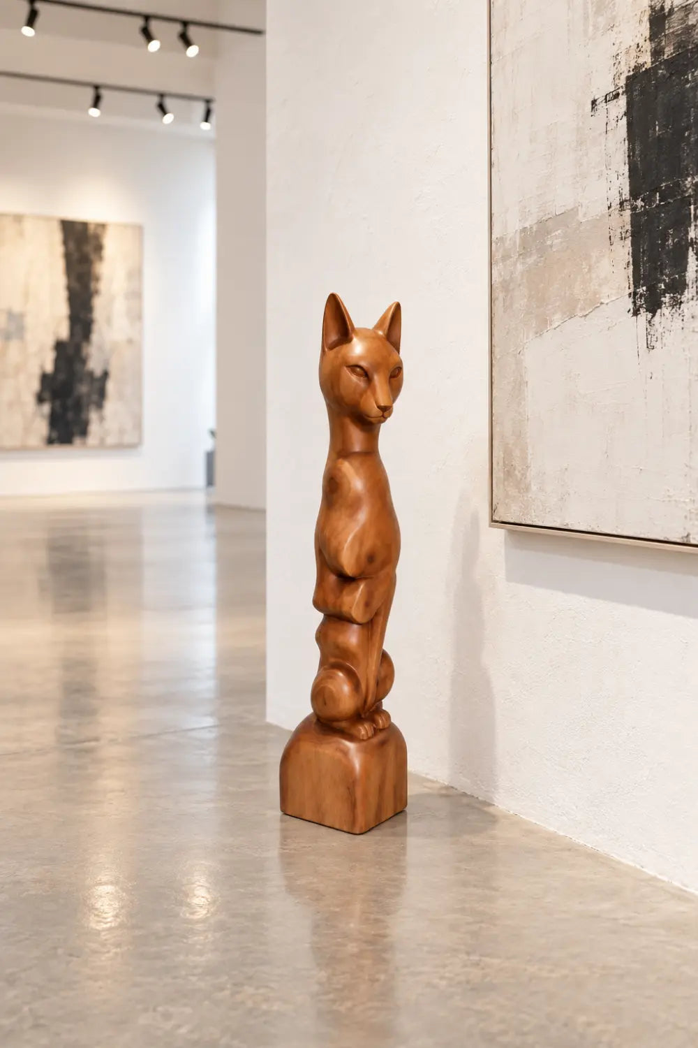 Tall Slender Wooden Cat Statue | Sleek Elongated Feline Pedestal Home Decor