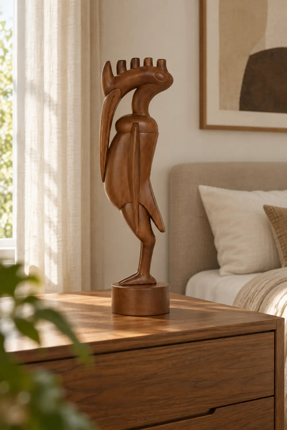 Mid Century Wooden Ibis Statue | Avant Garde Long Beaked Bird Decor