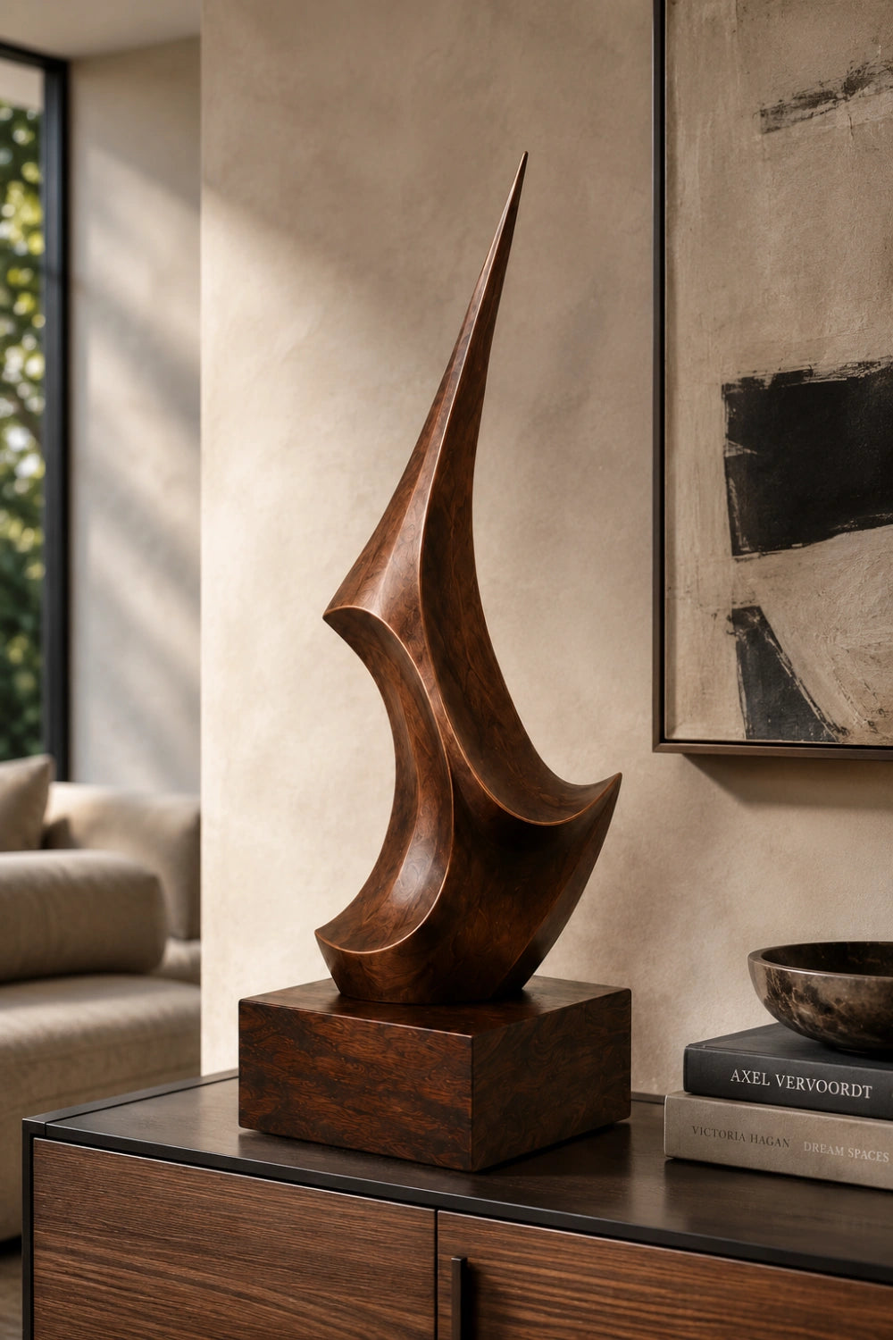 Hand-Carved Abstract Walnut Wood Sculpture For Modern Home Decor And Art Lovers