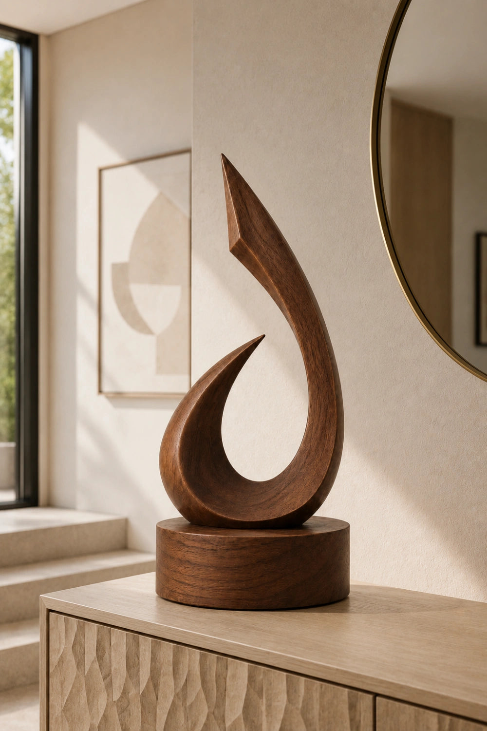 Handmade Wooden Art Sculpture Abstract Flame Design Satin Finish For Tabletop Display