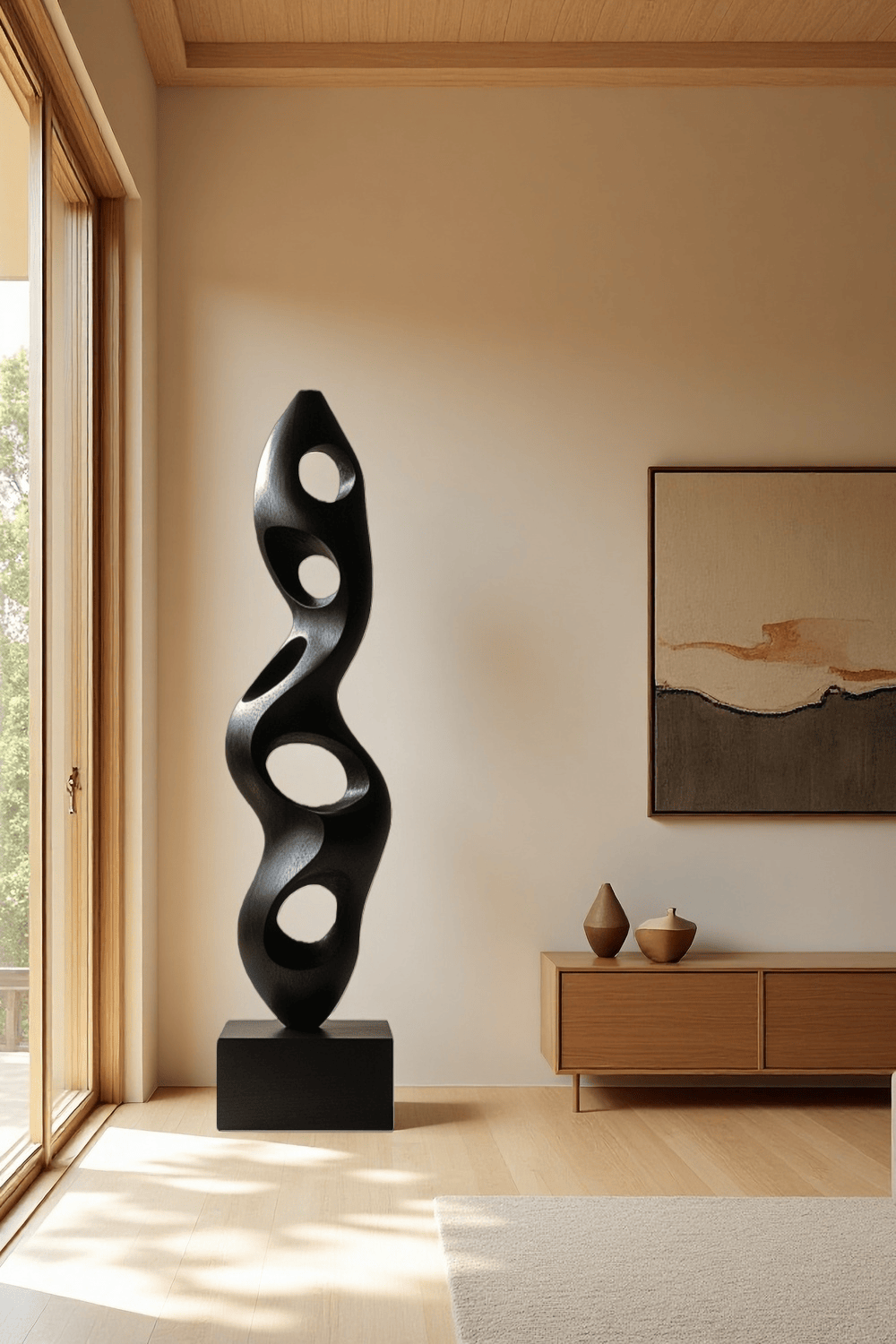 Large Black Wood Sculpture Modern Abstract Minimalist Floor Wooden Art