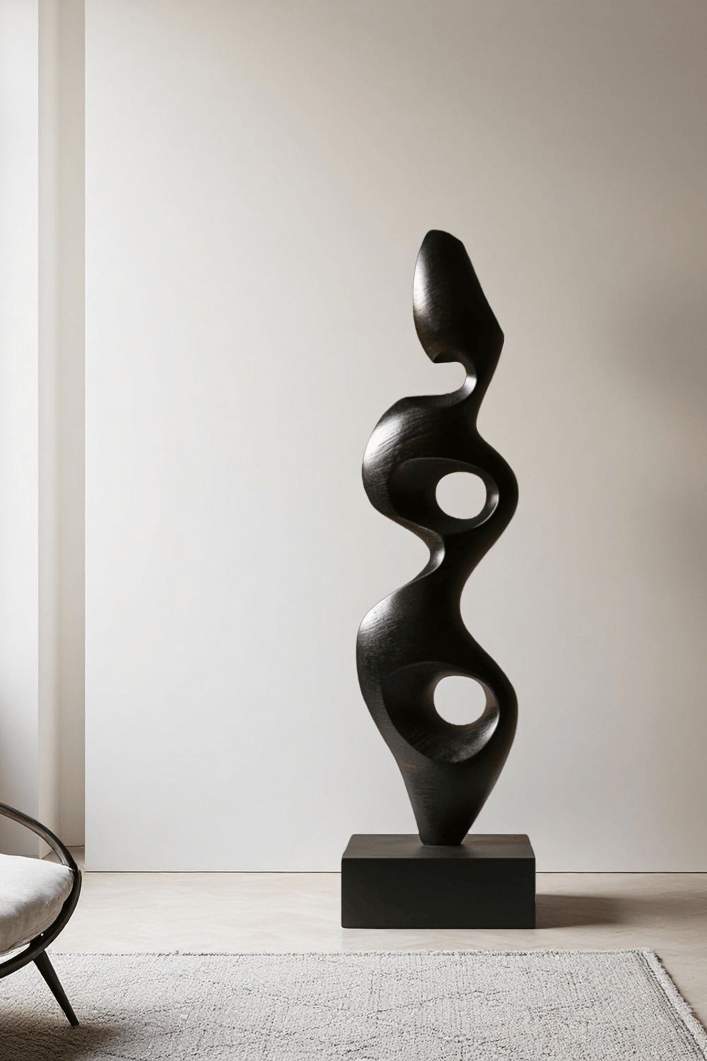 Large Black Wood Sculpture Modern Abstract Minimalist Floor Wooden Art