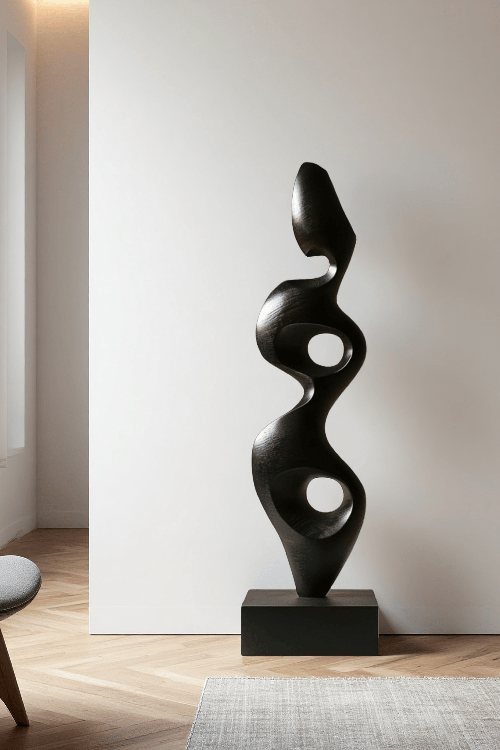 Large Black Wood Sculpture Modern Abstract Minimalist Floor Wooden Art