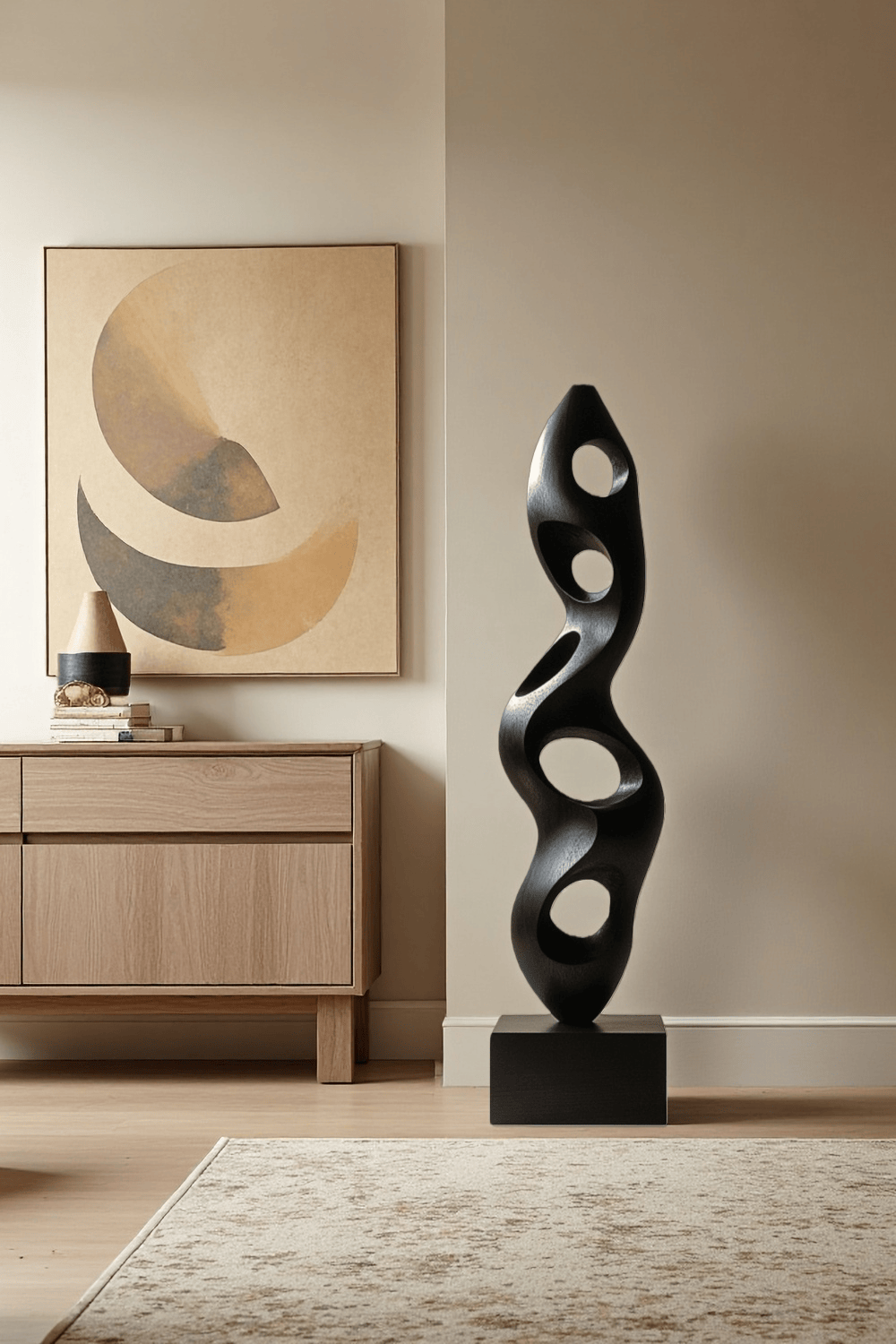 Large Black Wood Sculpture Modern Abstract Minimalist Floor Wooden Art