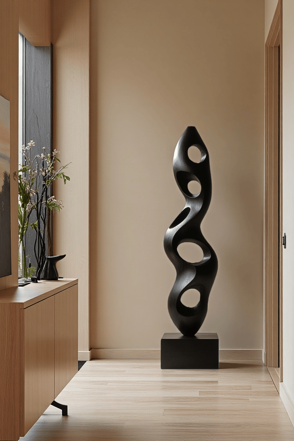 Large Black Wood Sculpture Modern Abstract Minimalist Floor Wooden Art