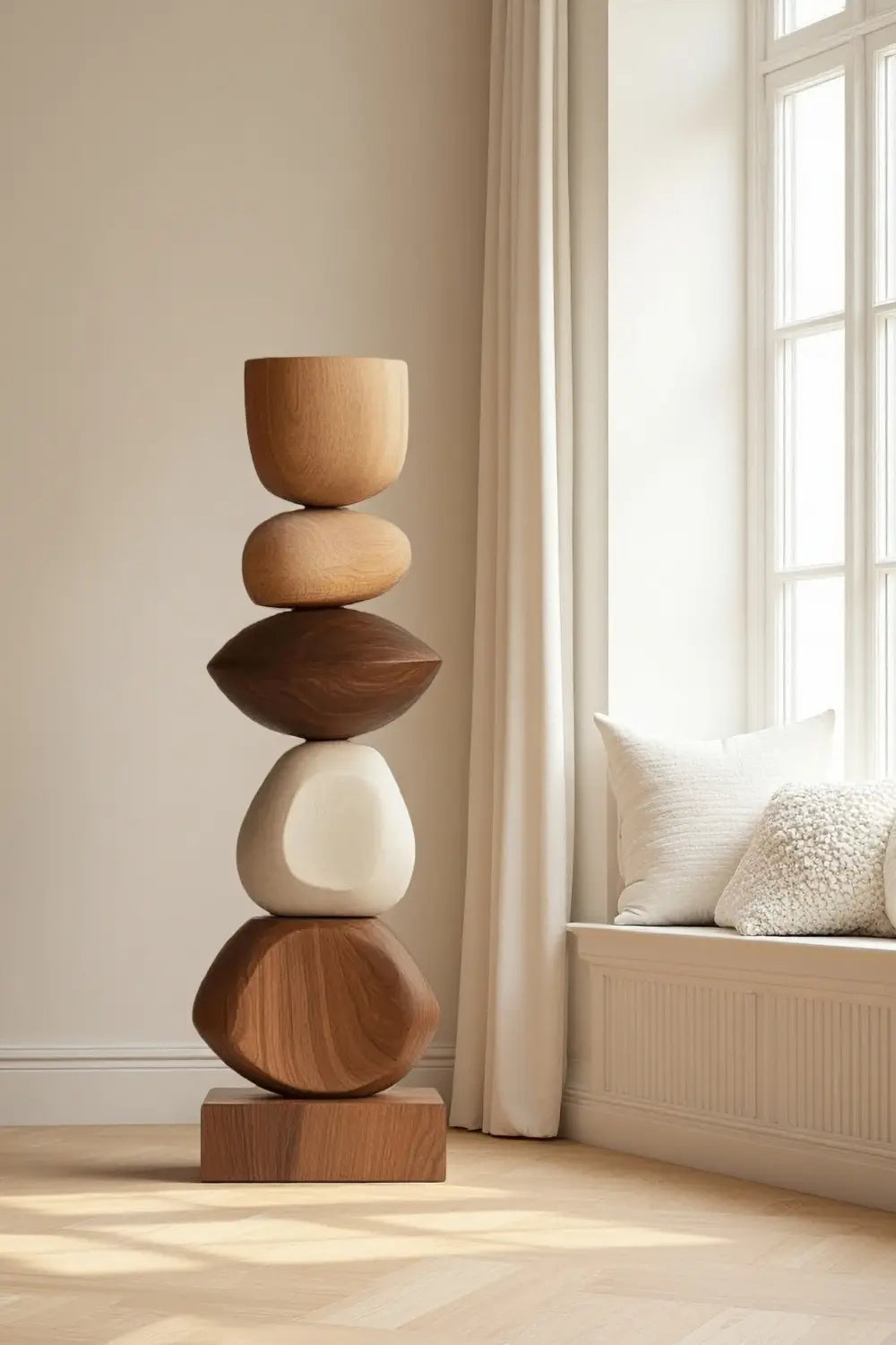 Large Modern Geometric Abstract Wooden Totem Sculpture Floor Wood Art