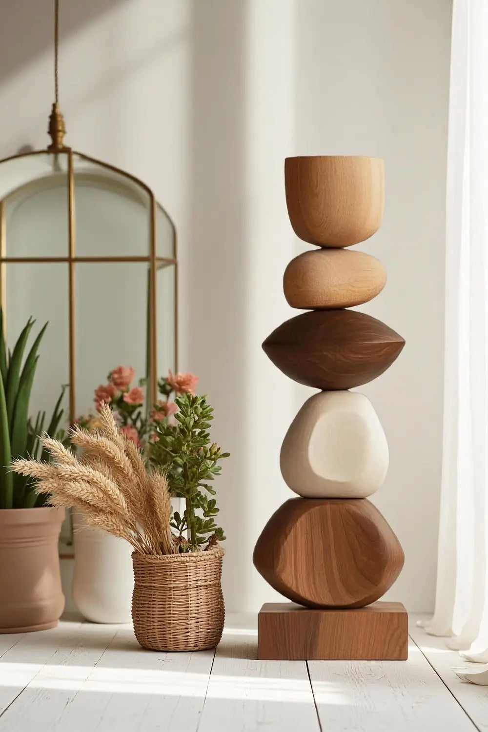 Large Modern Geometric Abstract Wooden Totem Sculpture Floor Wood Art