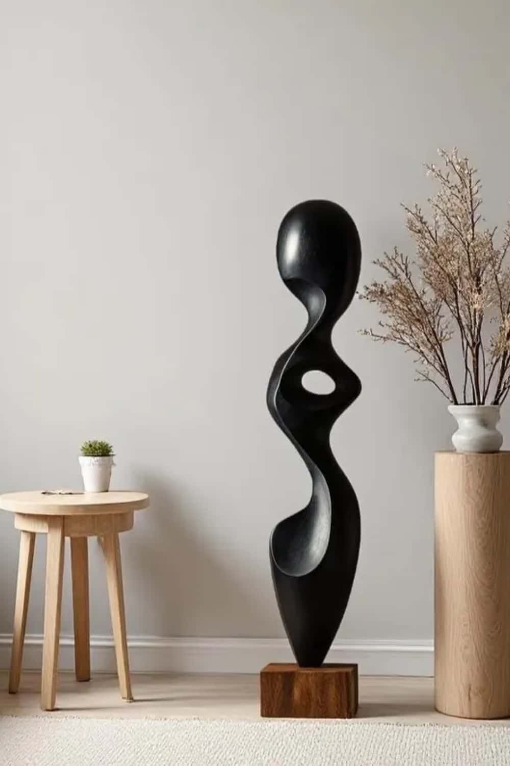 Modern Abstract Large Wood Floor Sculpture Handcrafted Black Statue | Artiblend