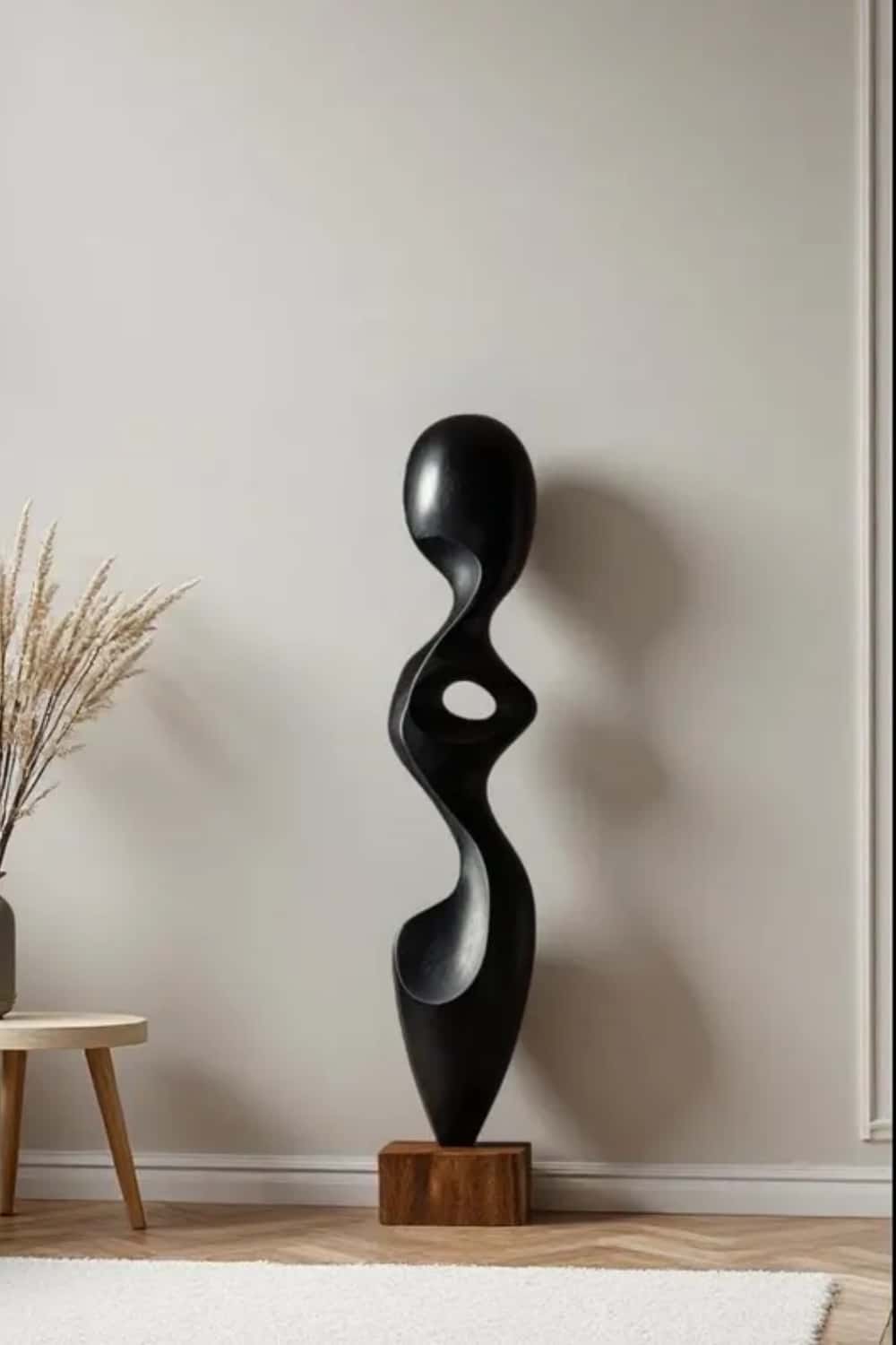 Modern Abstract Large Wood Floor Sculpture Handcrafted Black Statue | Artiblen