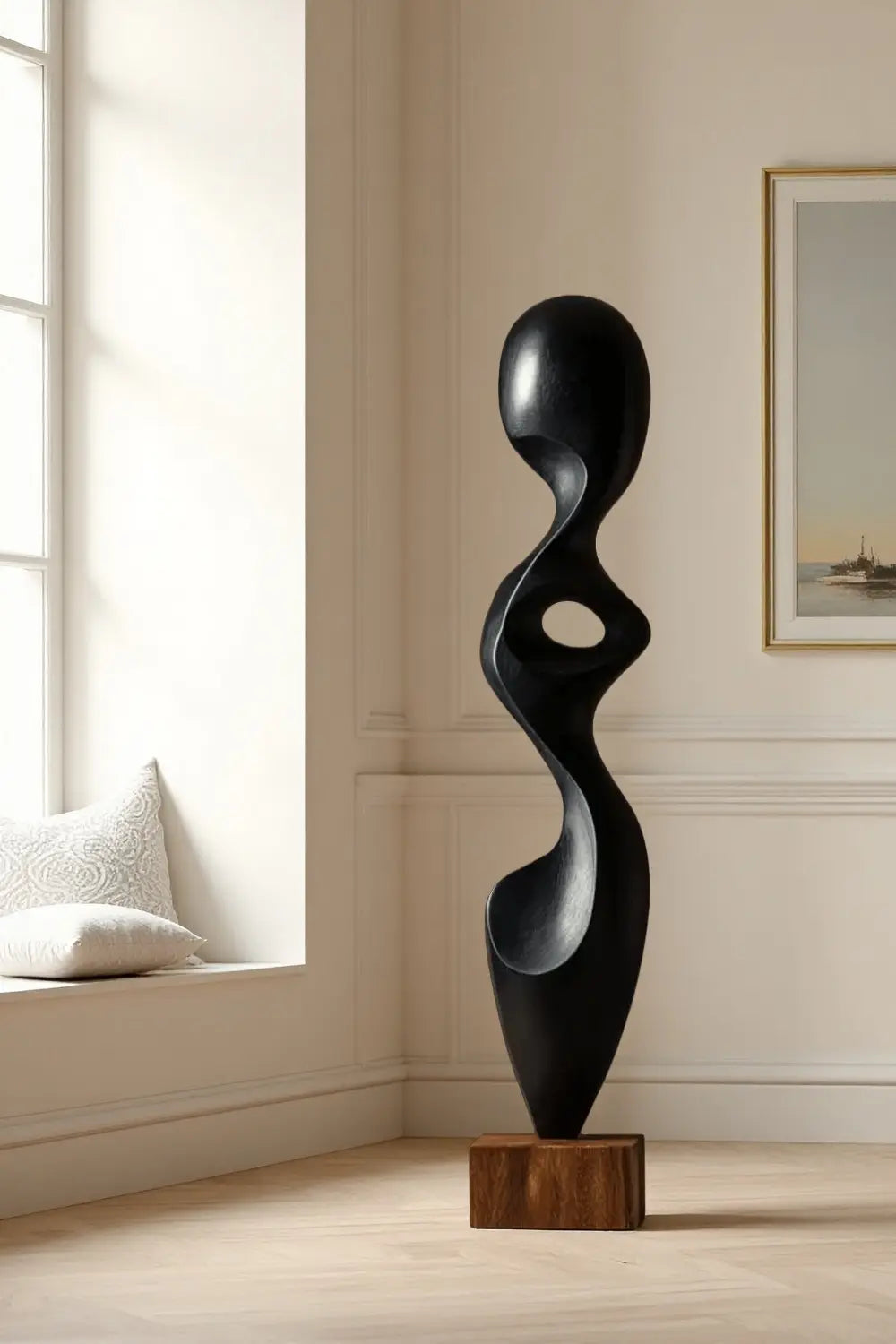 Modern Abstract Large Wood Floor Sculpture Handcrafted Black Statue | Artiblend