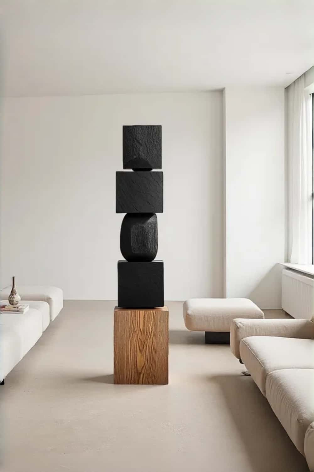 Modern Abstract Large Wood Floor Sculpture Handcrafted Black Statue | Artiblend