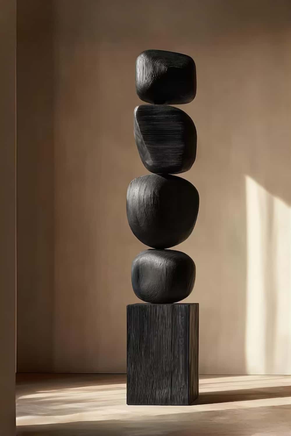 Modern Abstract Large Wood Floor Sculpture Handcrafted Black Statue | Artiblend