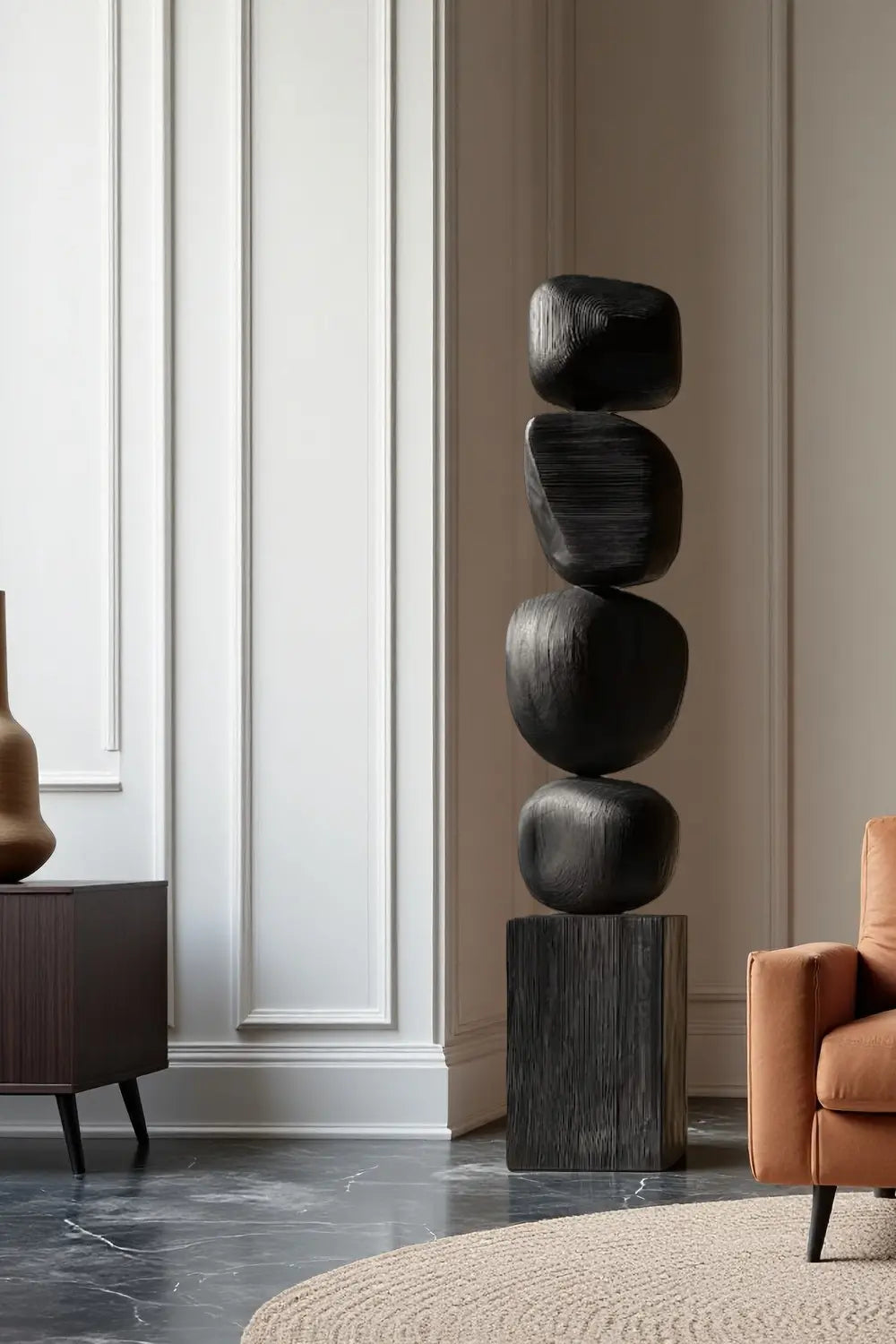 Modern Abstract Large Wood Floor Sculpture Handcrafted Black Statue | Artiblend