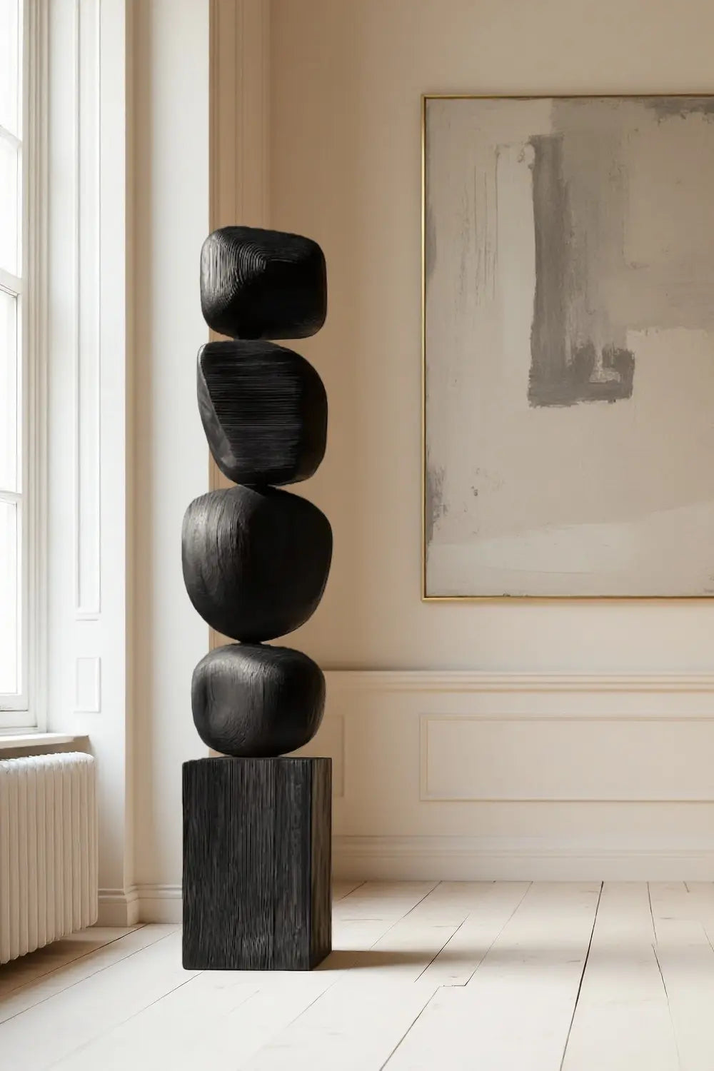 Modern Abstract Large Wood Floor Sculpture Handcrafted Black Statue | Artiblend