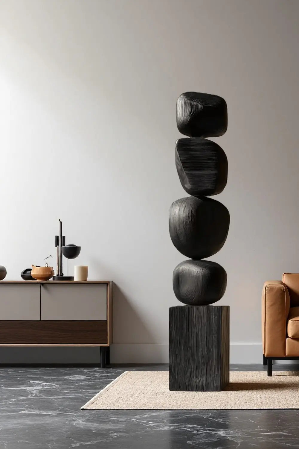 Modern Abstract Large Wood Floor Sculpture Handcrafted Black Statue | Artiblend