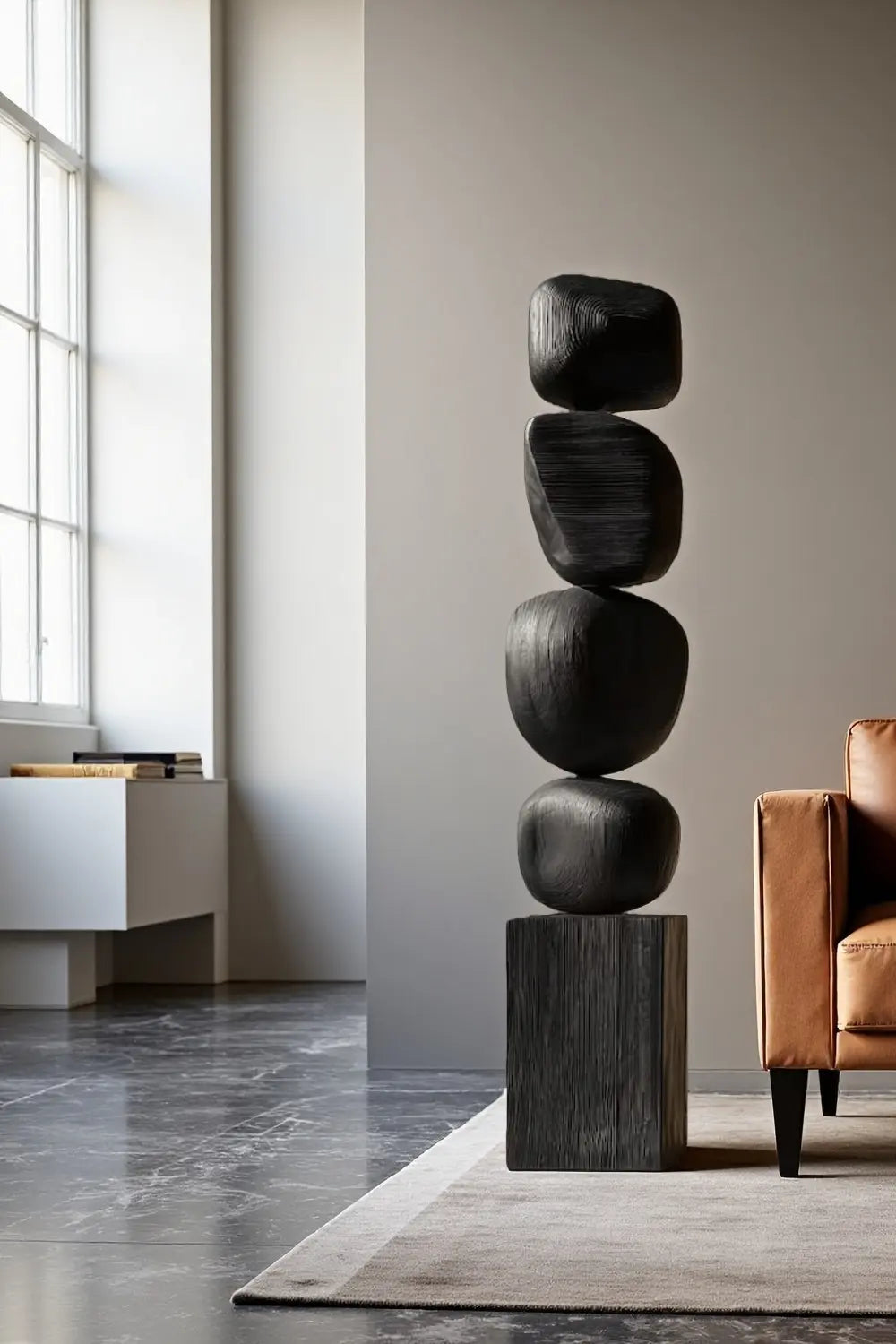 Modern Abstract Large Wood Floor Sculpture Handcrafted Black Statue | Artiblend