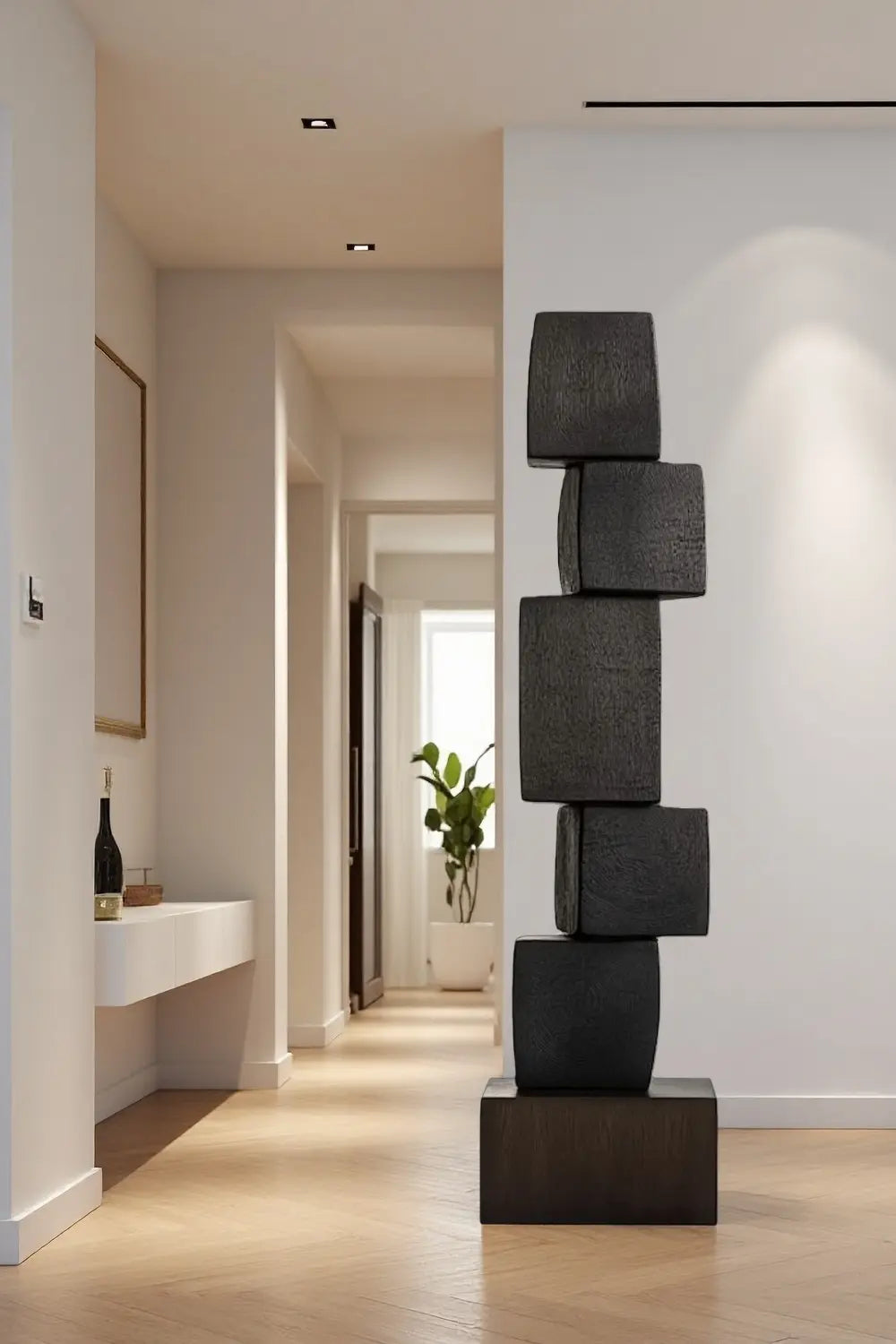 Tall Vertical Wooden Floor Sculpture Large Handcrafted Black Wooden Art Artiblend