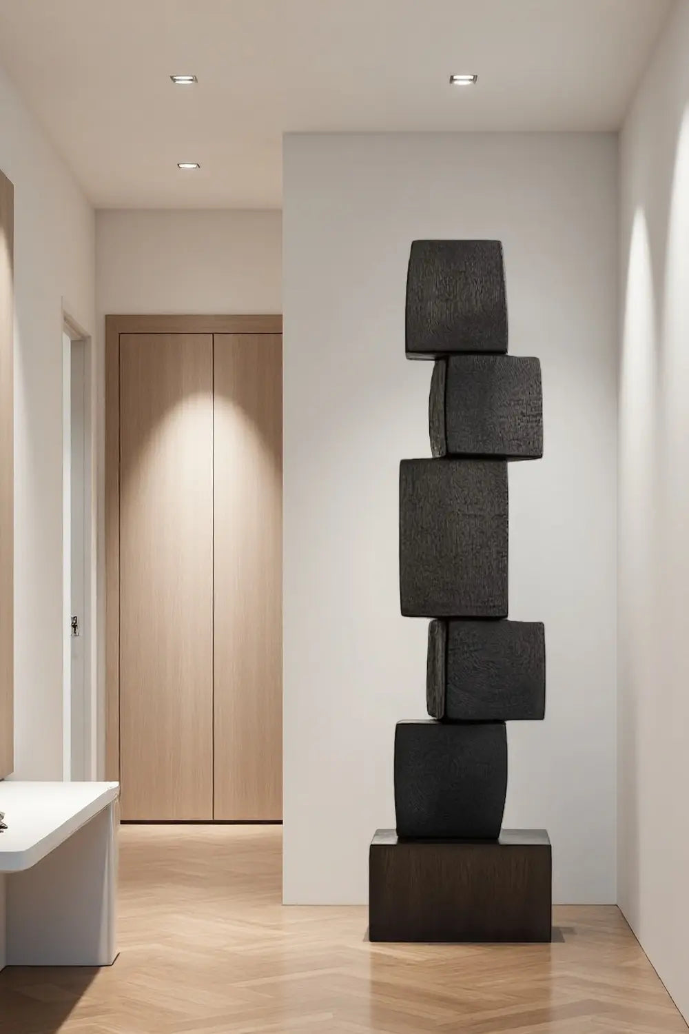 Tall Vertical Wooden Floor Sculpture Large Handcrafted Black Wooden Art Artiblend