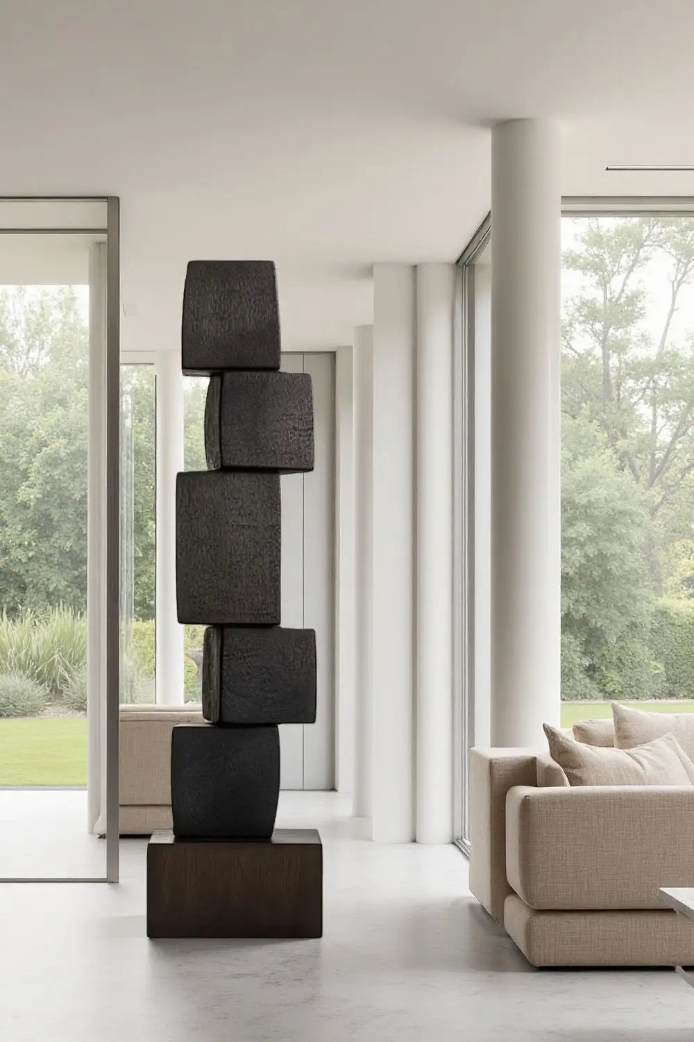 Tall Vertical Wooden Floor Sculpture Large Handcrafted Black Wooden Art Artiblend