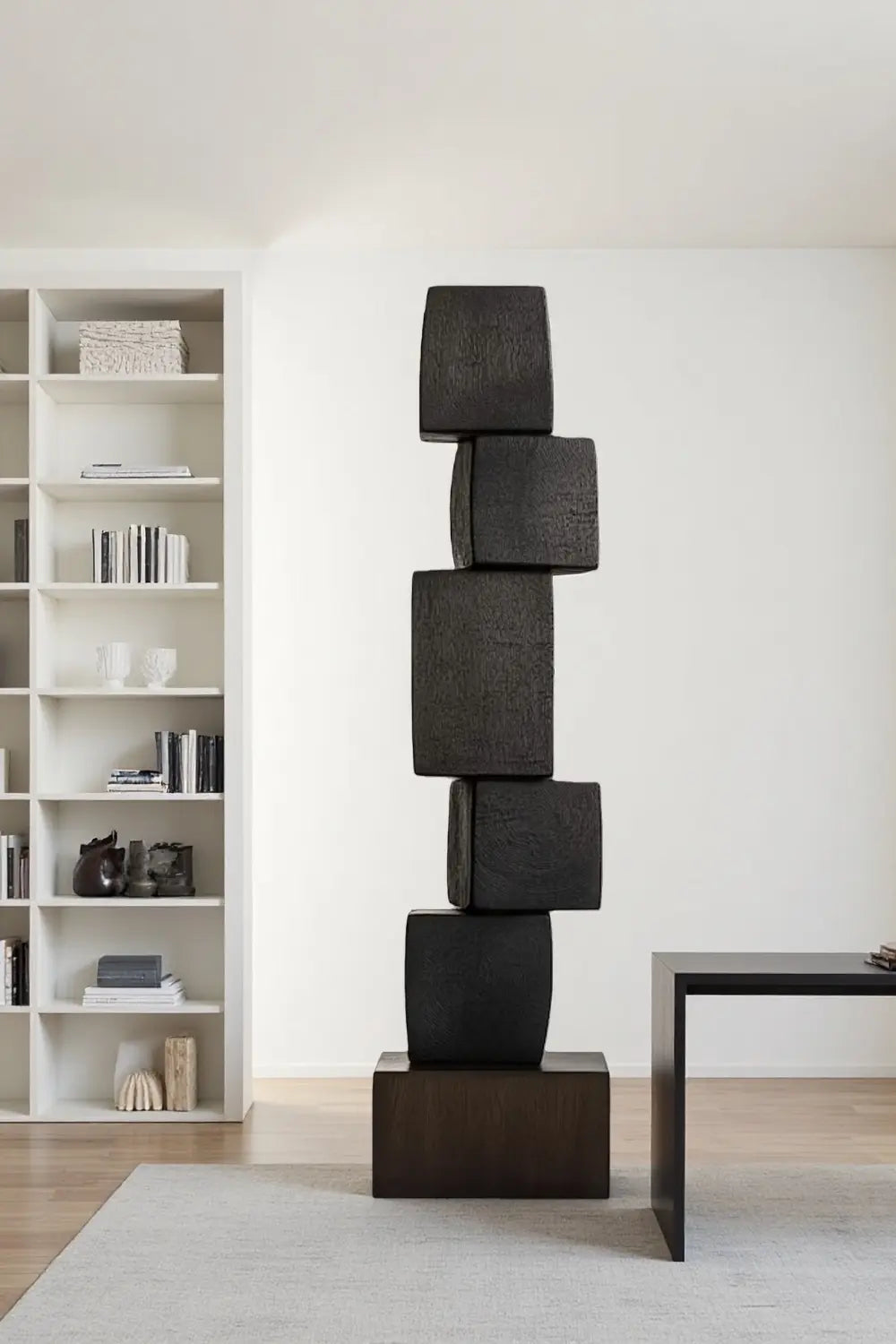 Tall Vertical Wooden Floor Sculpture Large Handcrafted Black Wooden Art Artiblend