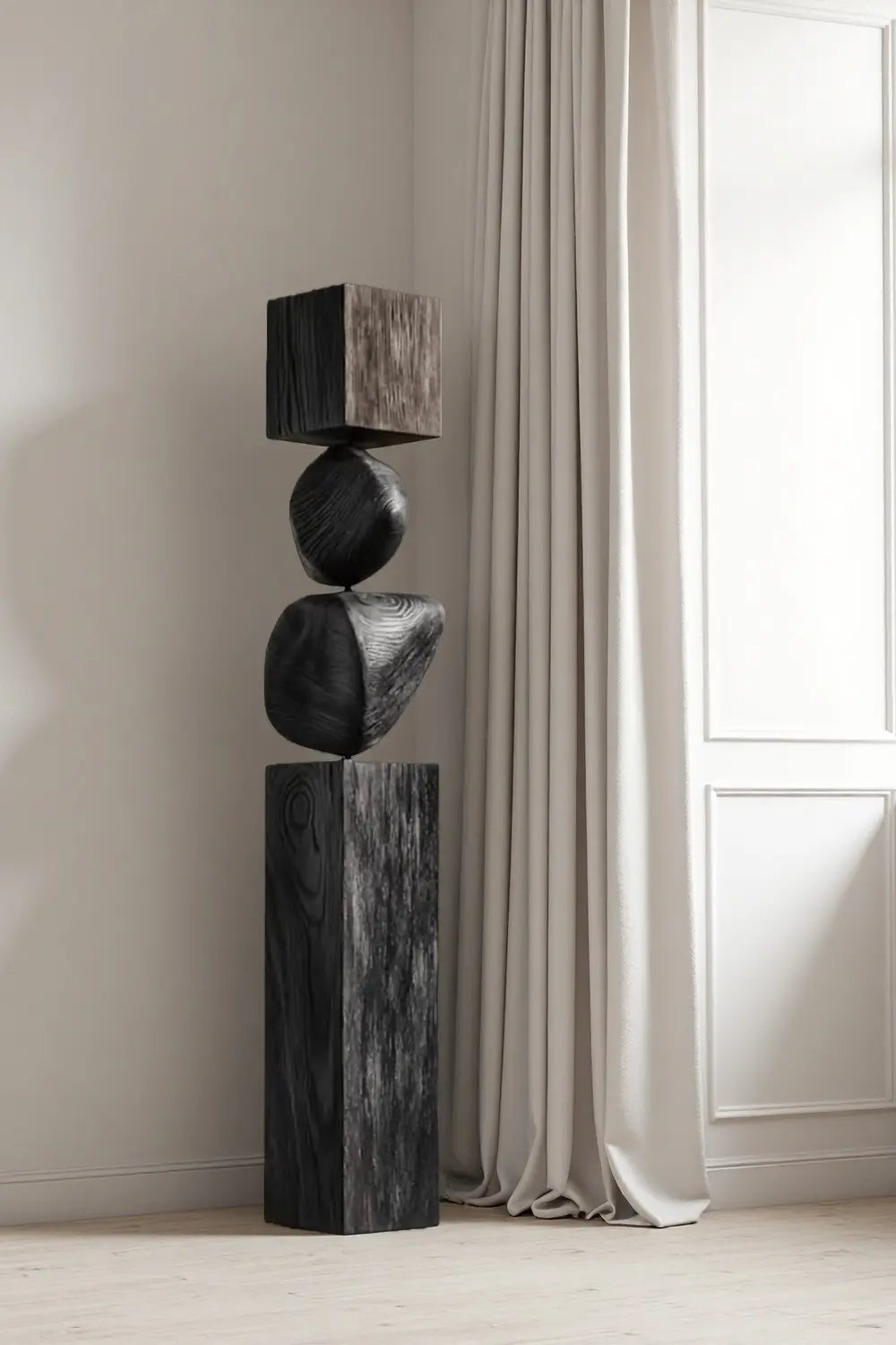 Large Modern Totem Wood Sculpture Hand-Carved Floor Art for Luxury Interior
