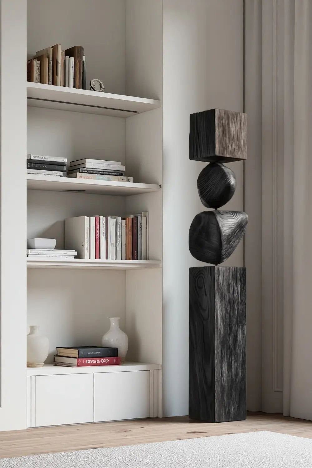 Large Modern Totem Wood Sculpture Hand-Carved Floor Art for Luxury Interior