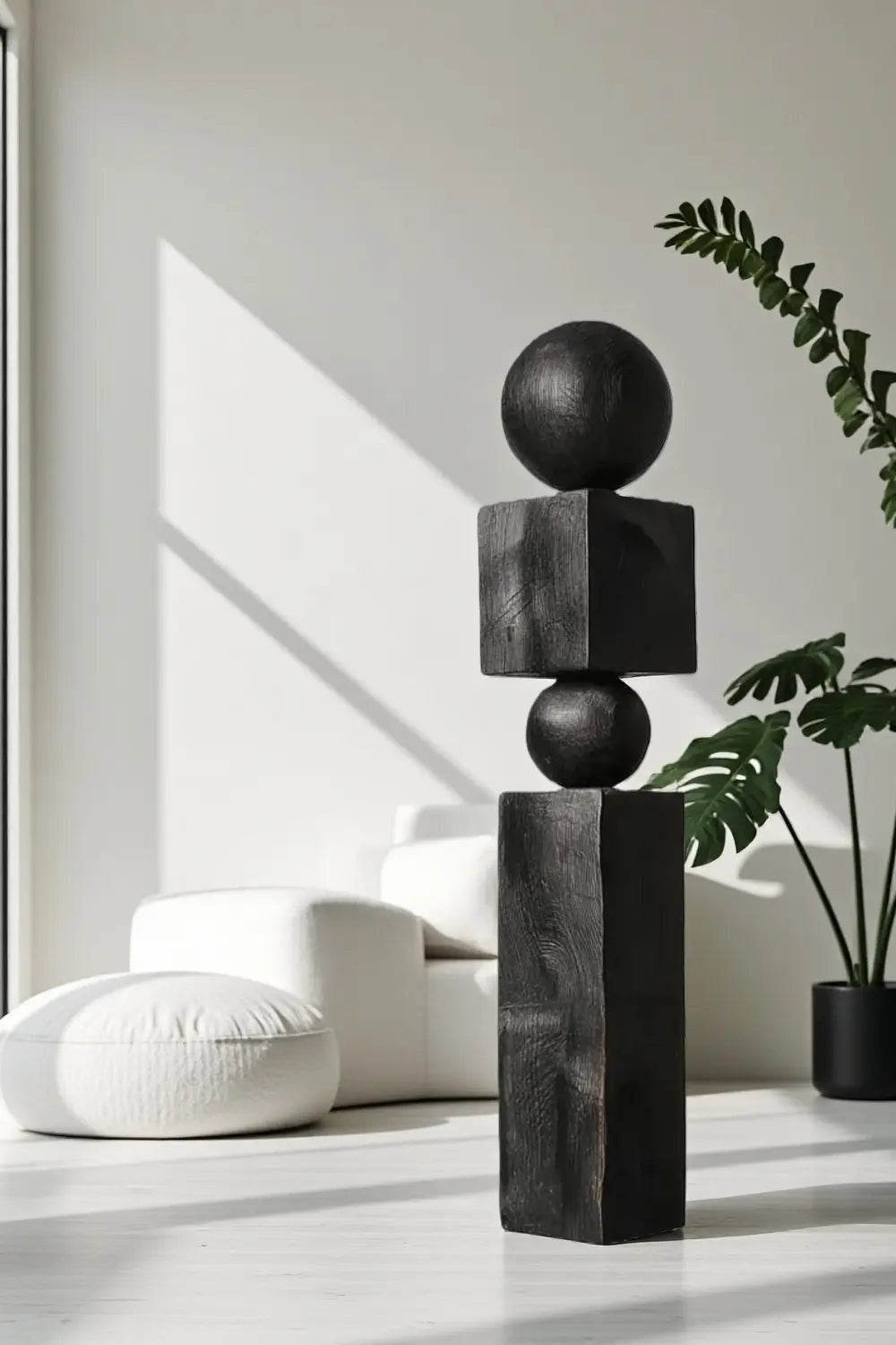 Large Modern Totem Wood Sculpture Hand-Carved Floor Art for Luxury Interior