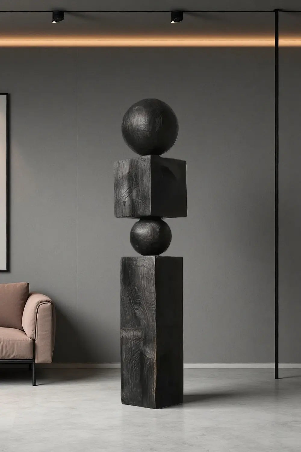 Large Modern Totem Wood Sculpture Hand-Carved Floor Art for Luxury Interior