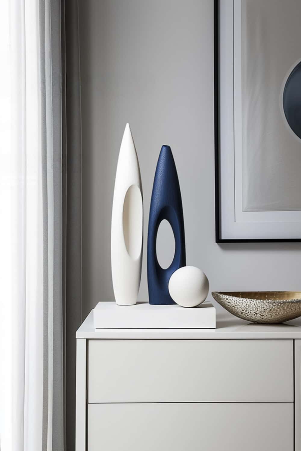 Blue White Abstract Wooden Sculpture Modern Geometric Art for Home Decor