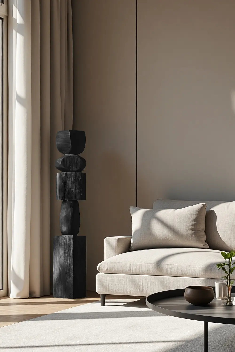 Large Black Wood Standing Sculpture Tall Textured Floor Decor for Modern Home Interiors