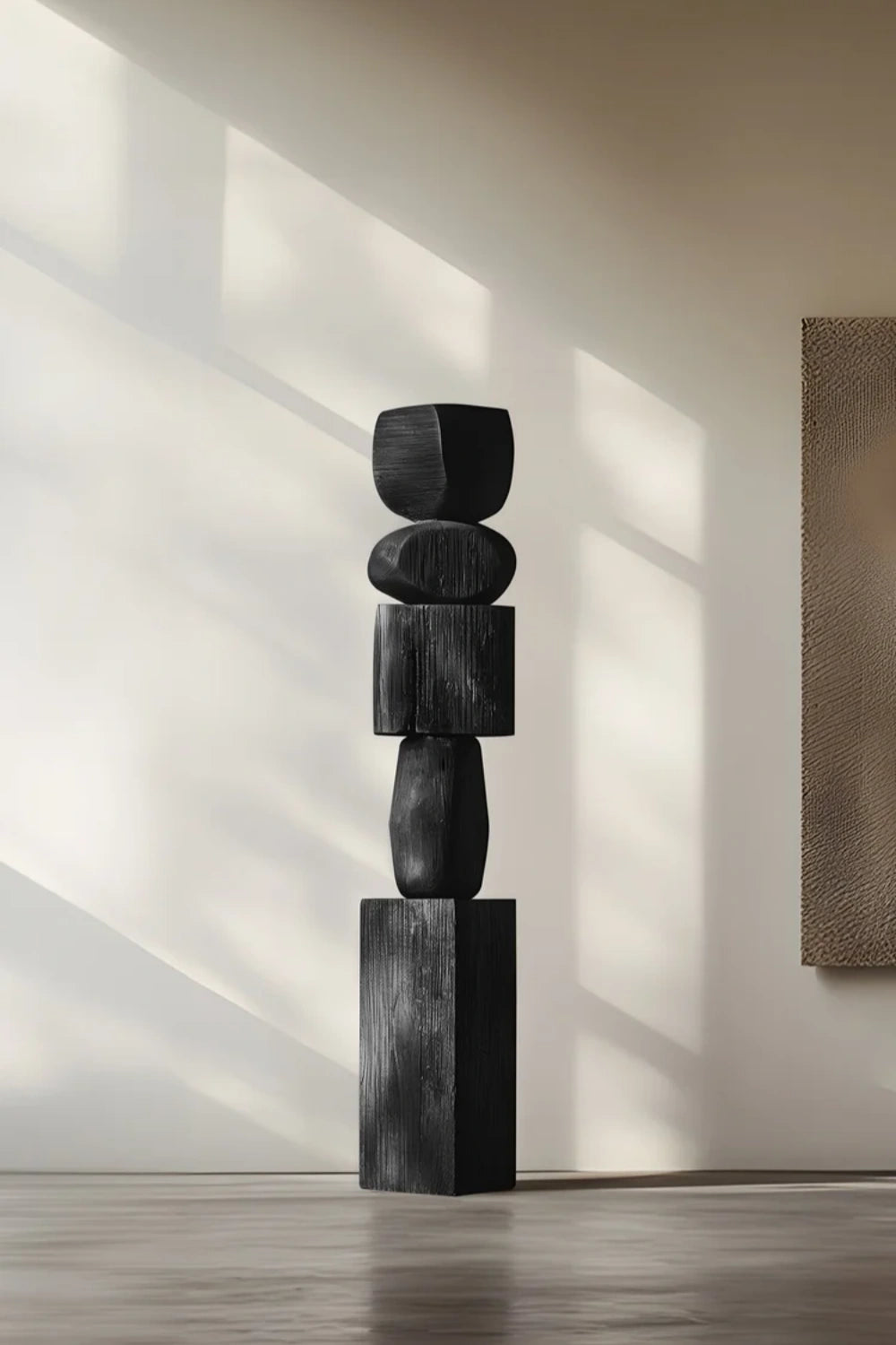 Large Black Wood Standing Sculpture Tall Textured Floor Decor for Modern Home Interiors