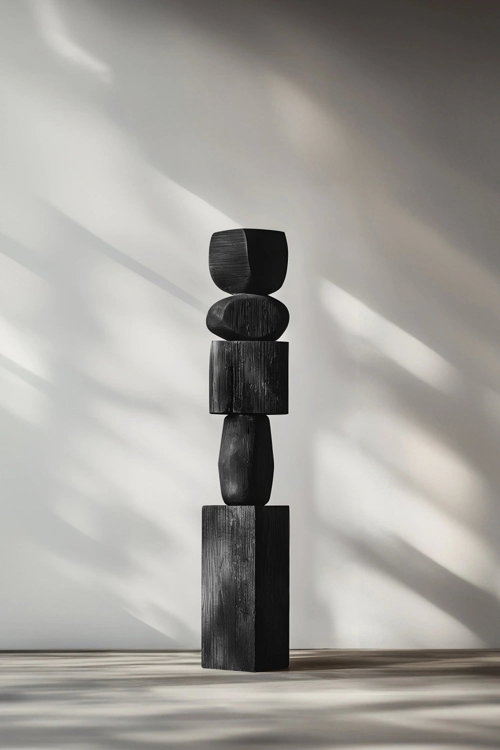 Large Black Wood Standing Sculpture Tall Textured Floor Decor for Modern Home Interiors