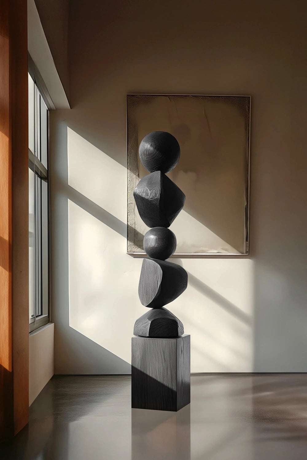 Large Black Wood Standing Sculpture Tall Textured Floor Decor for Modern Home Interiors