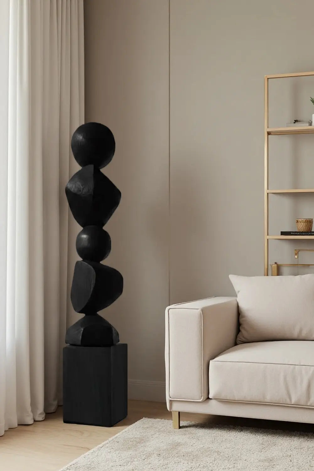 Large Black Wood Standing Sculpture Tall Textured Floor Decor for Modern Home Interiors