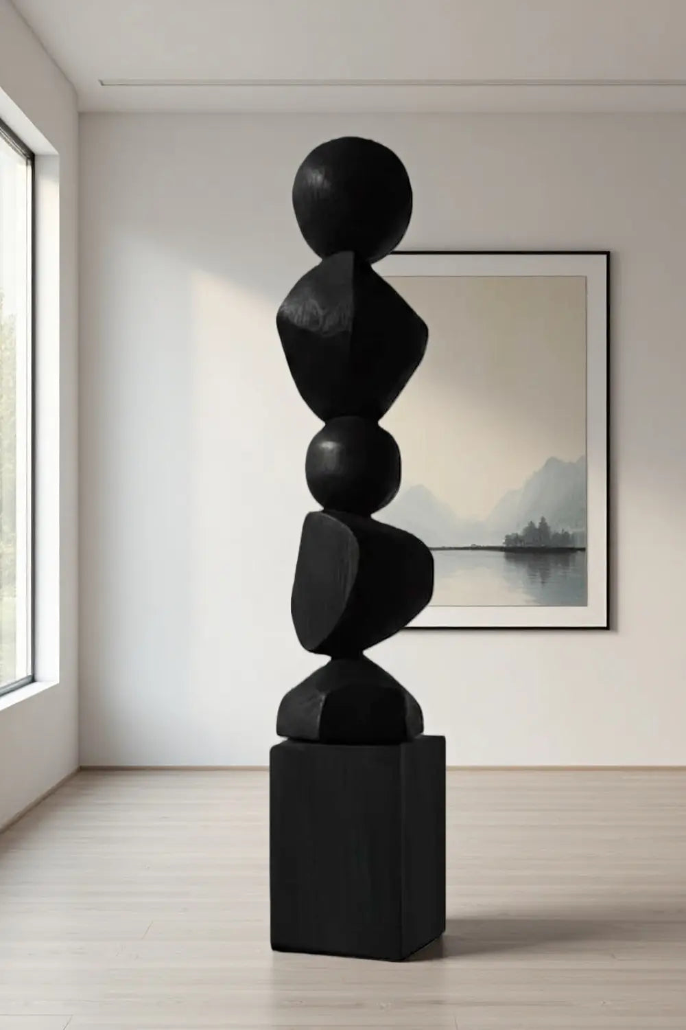 Large Black Wood Standing Sculpture Tall Textured Floor Decor for Modern Home Interiors