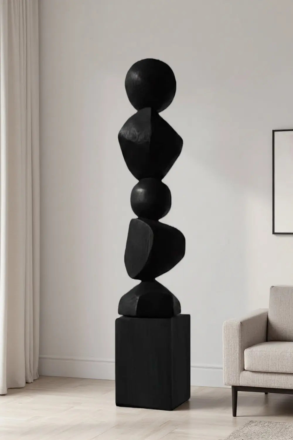 Large Black Wood Standing Sculpture Tall Textured Floor Decor for Modern Home Interiors