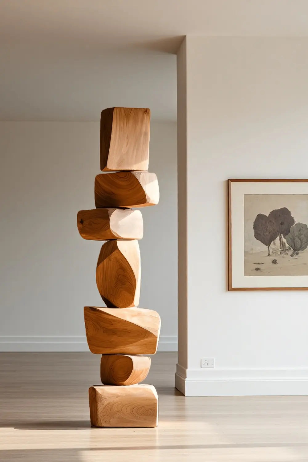 Large Minimalist Dark Wood Floor Sculpture Tall Vertical Hand-Finished Standing Decor