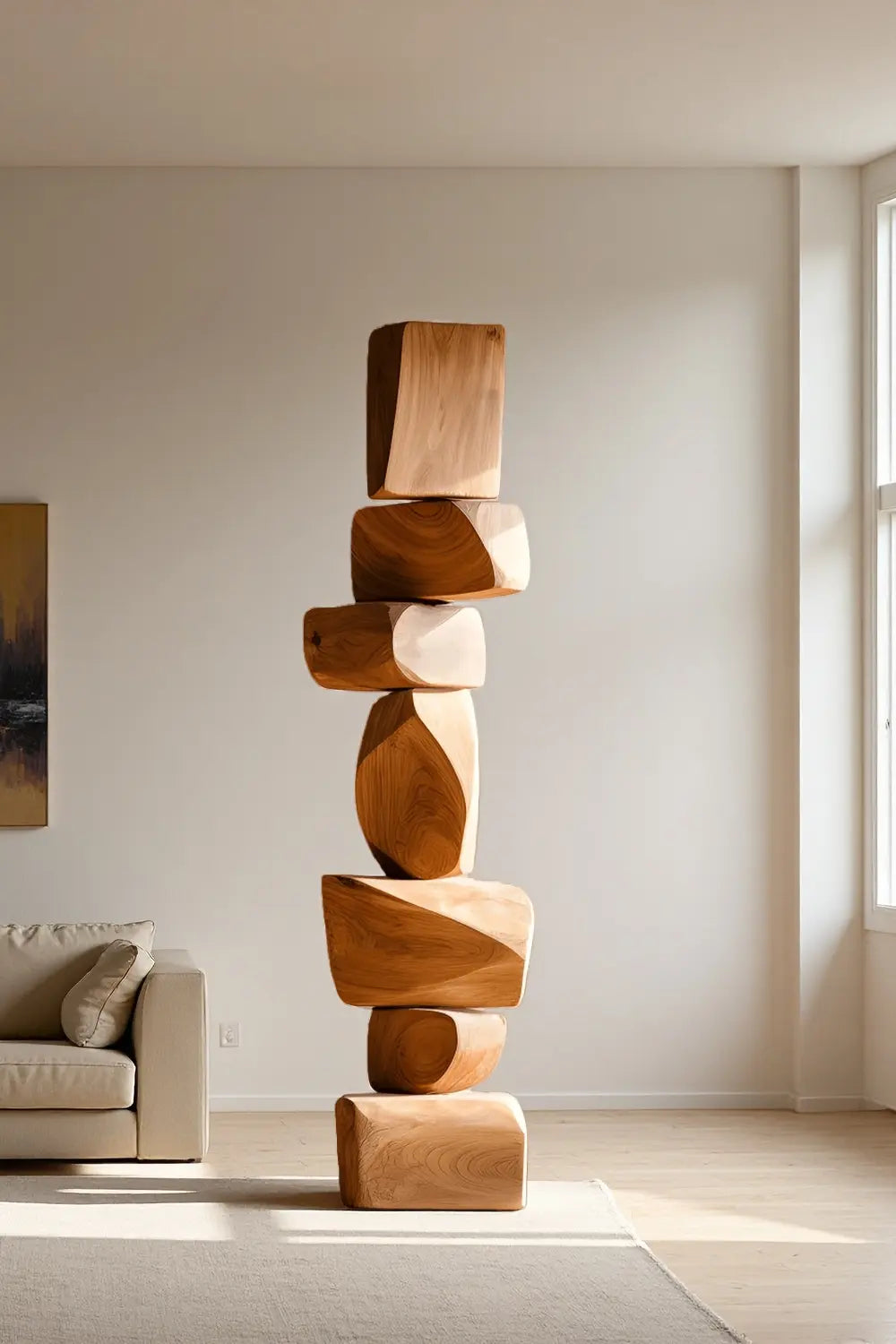 Large Minimalist Dark Wood Floor Sculpture Tall Vertical Hand-Finished Standing Decor