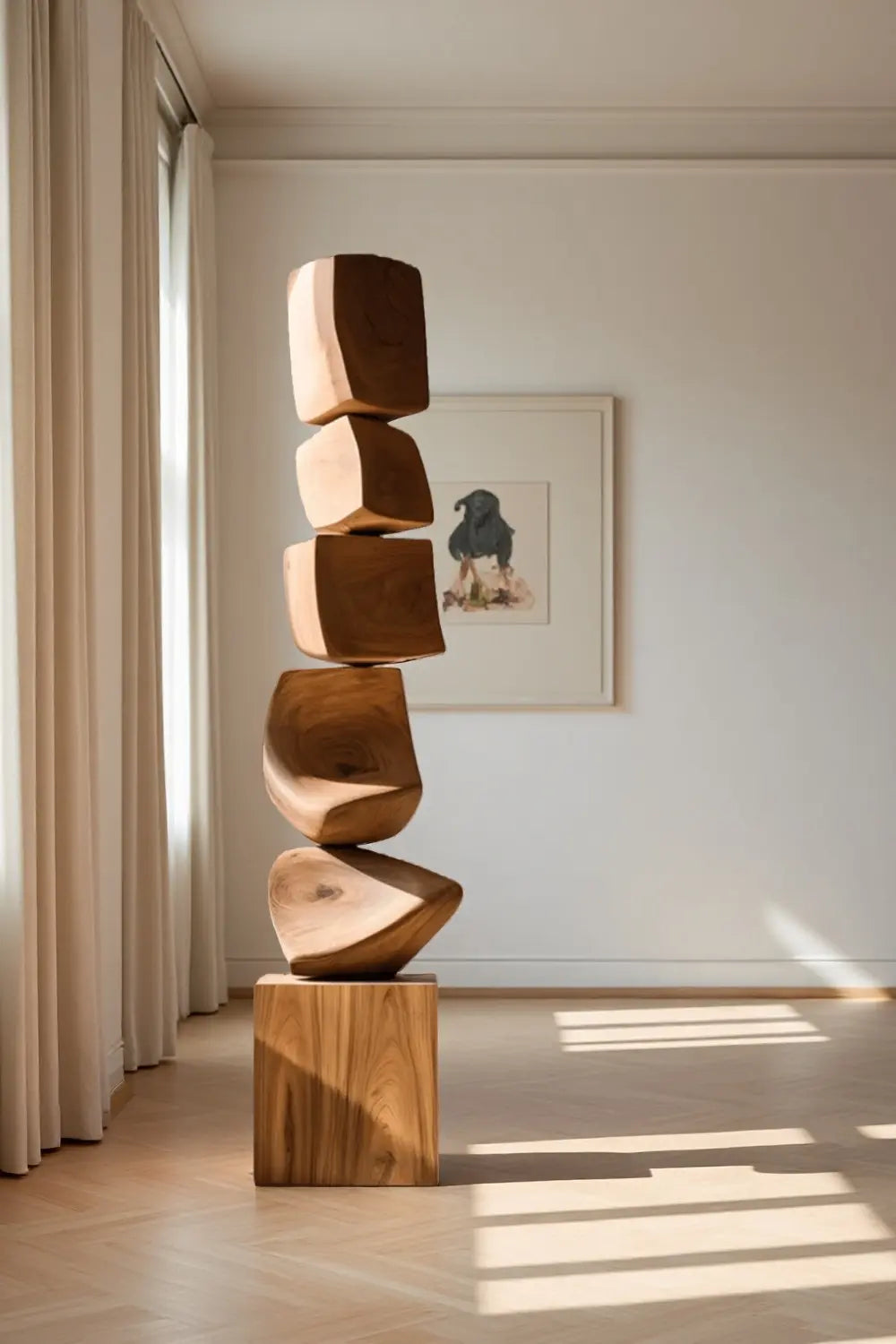 Large Minimalist Dark Wood Floor Sculpture Tall Vertical Hand-Finished Standing Decor