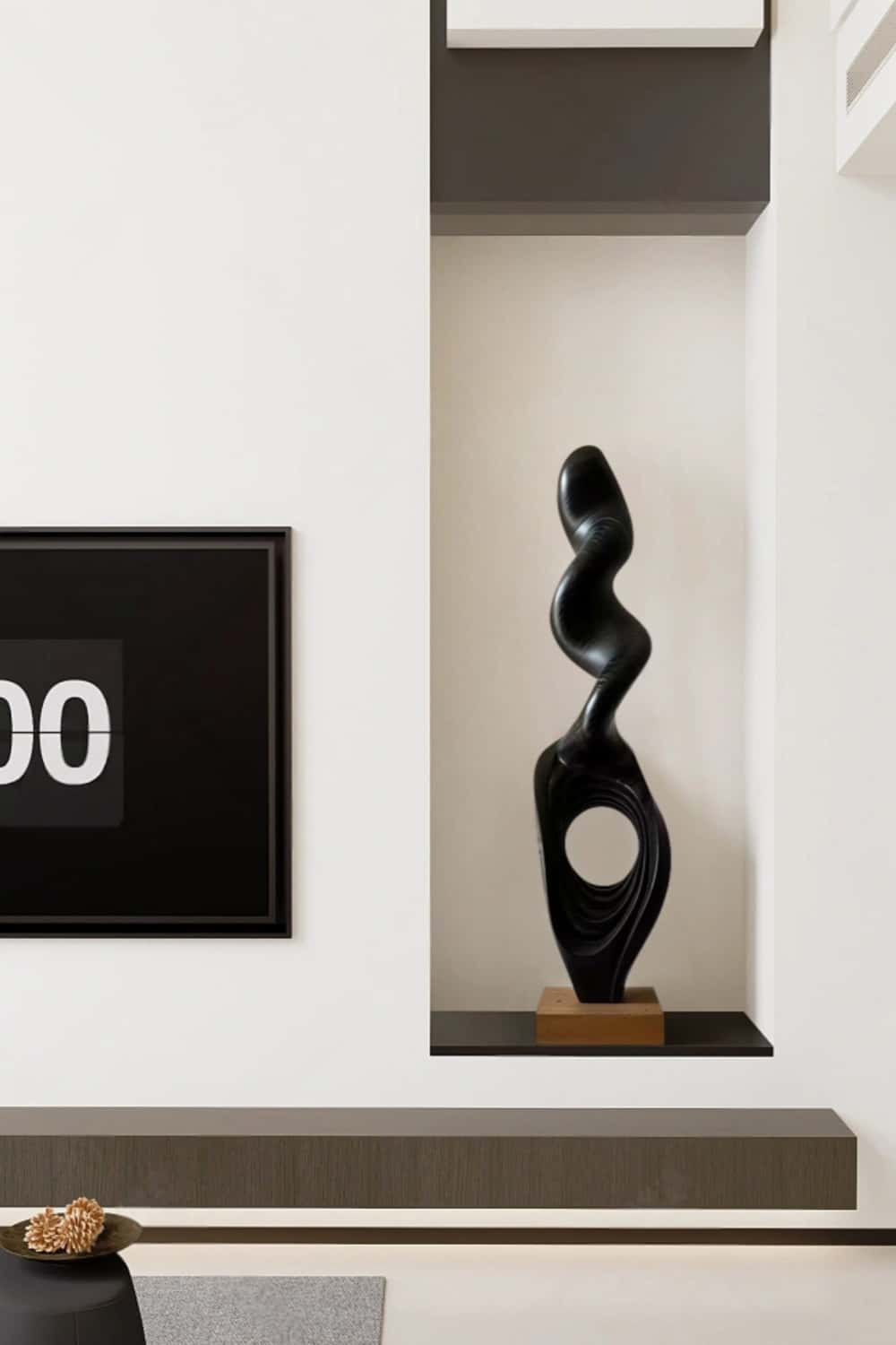Tall Fluid Abstract Wood Sculpture Modern Dark Standing Floor Art for Living Room