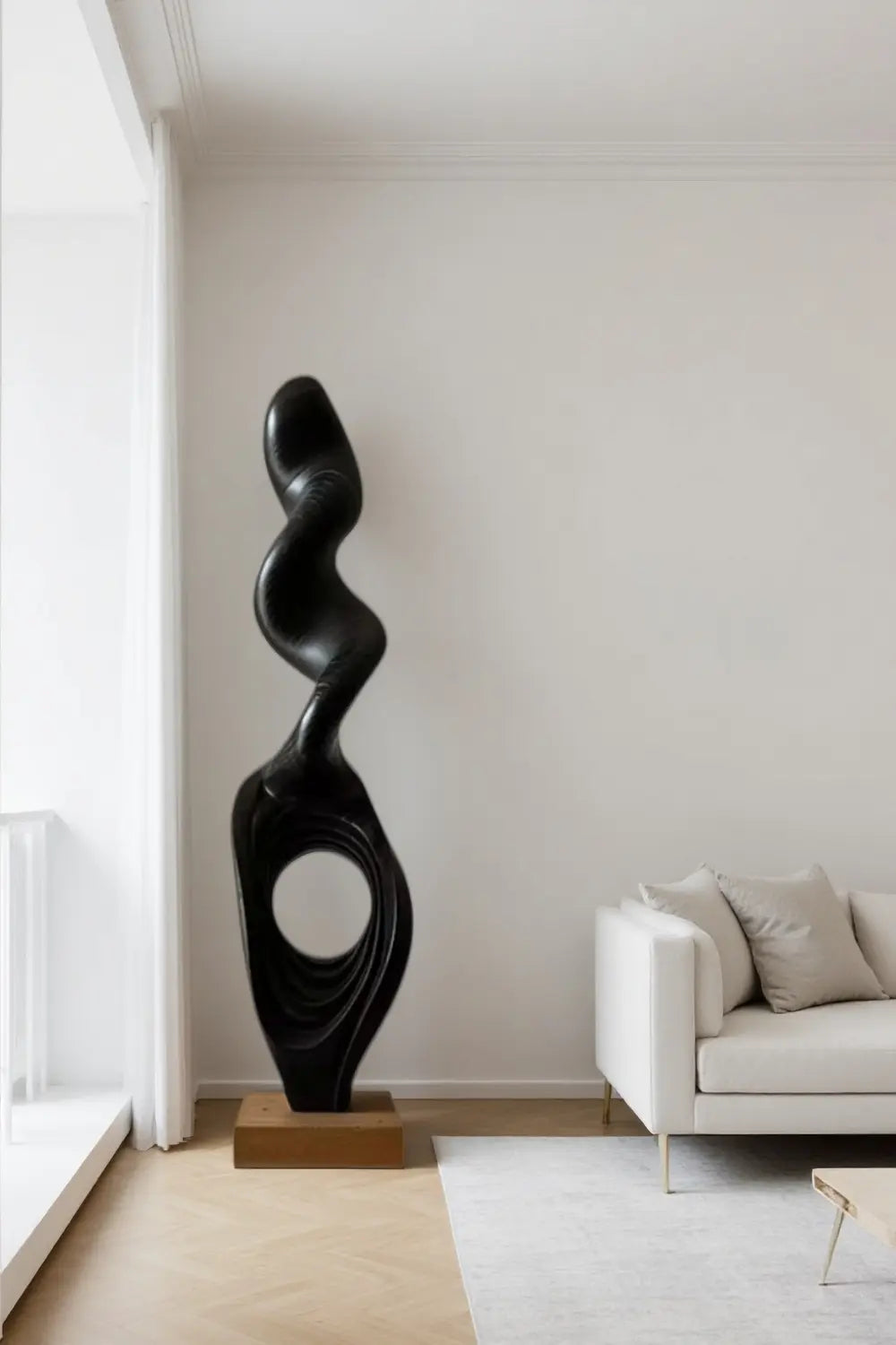 Tall Fluid Abstract Wood Sculpture Modern Dark Standing Floor Art for Living Room