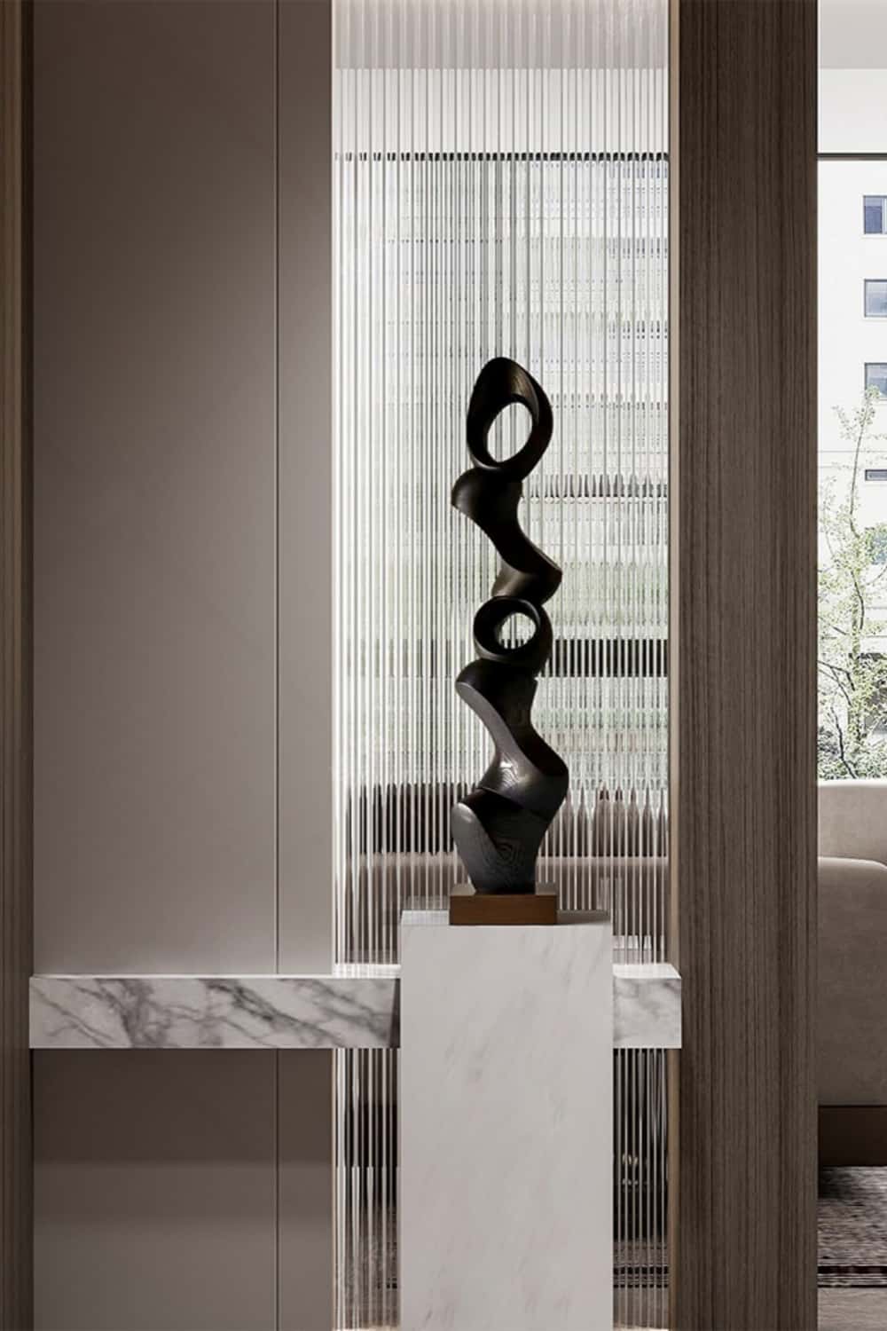 Modern Tall Abstract Wood Floor Sculpture Large Solid Wood Standing Decor for Living Room