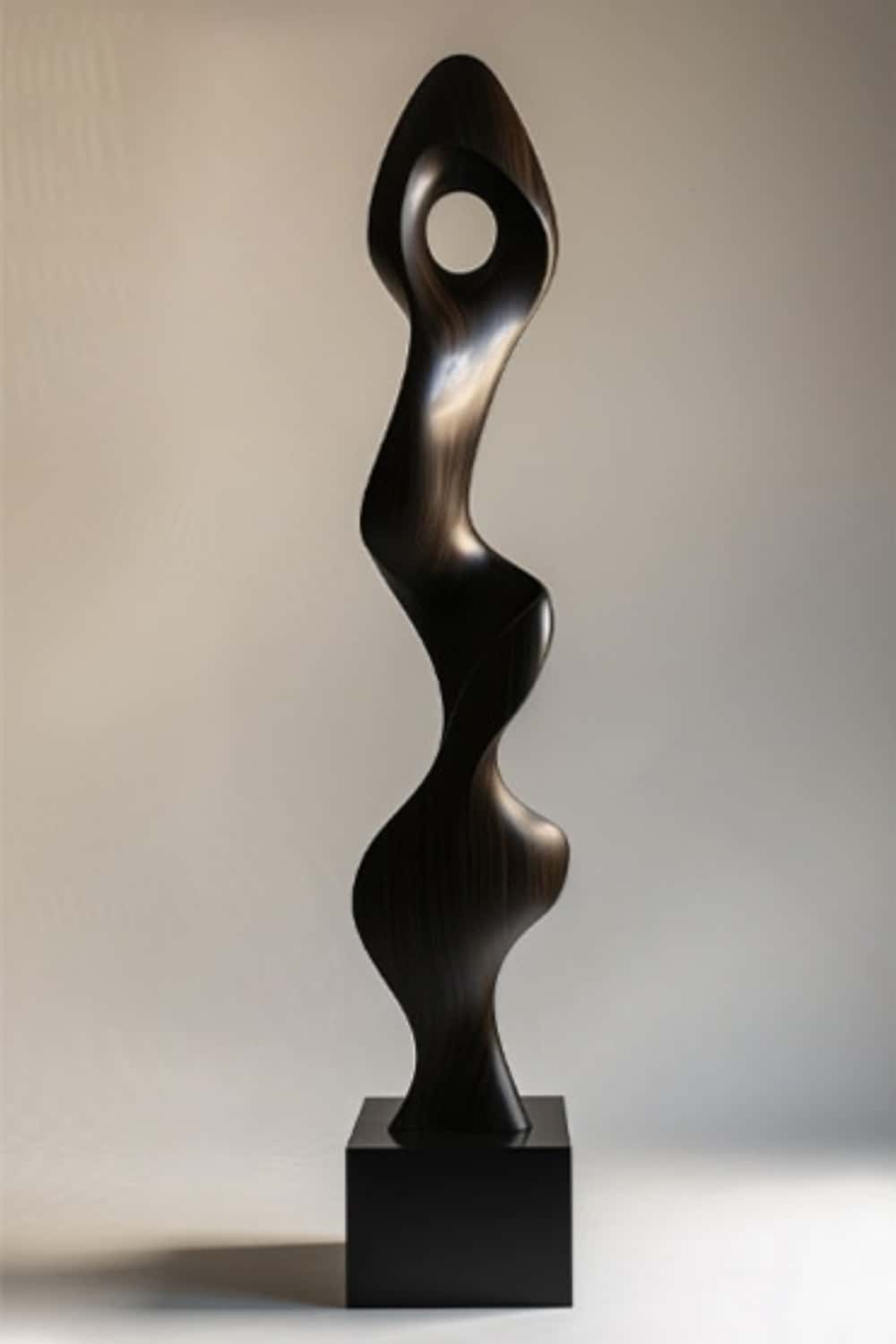 Tall Abstract Dark Wood Floor Sculpture Modern Vertical Standing Art for Living Room